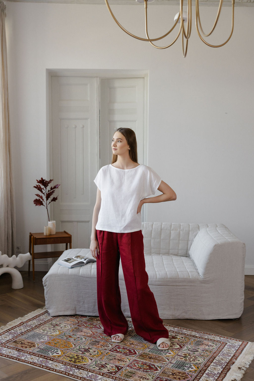 Berry Red Linen Pants With Crease