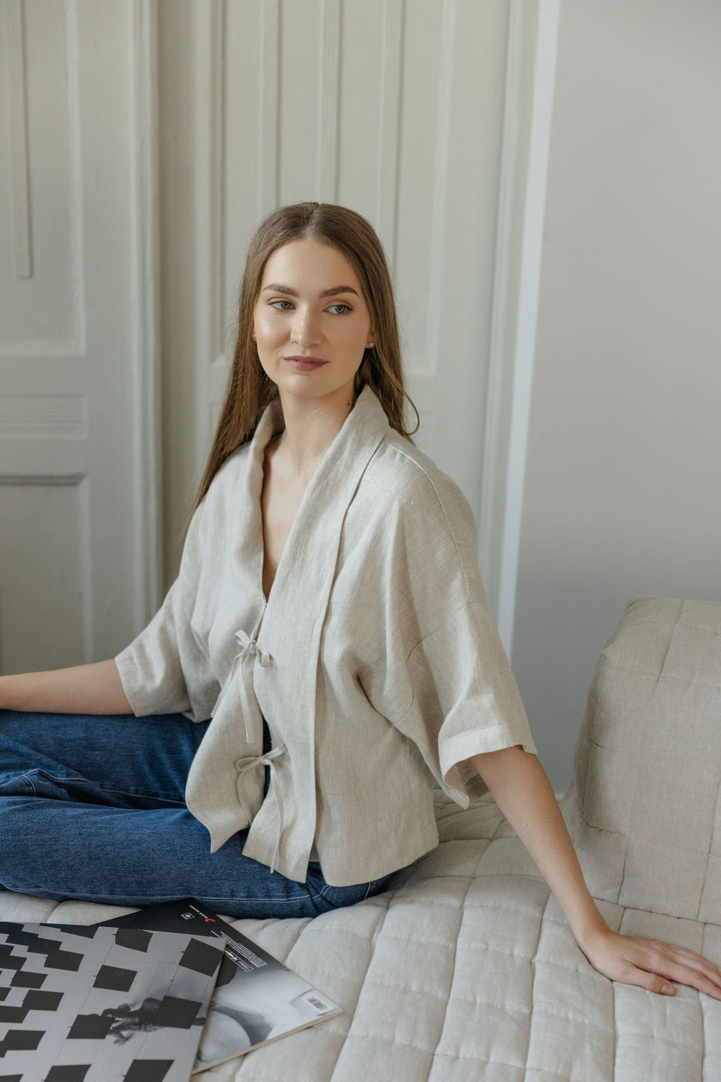 linen beige jacket with ties