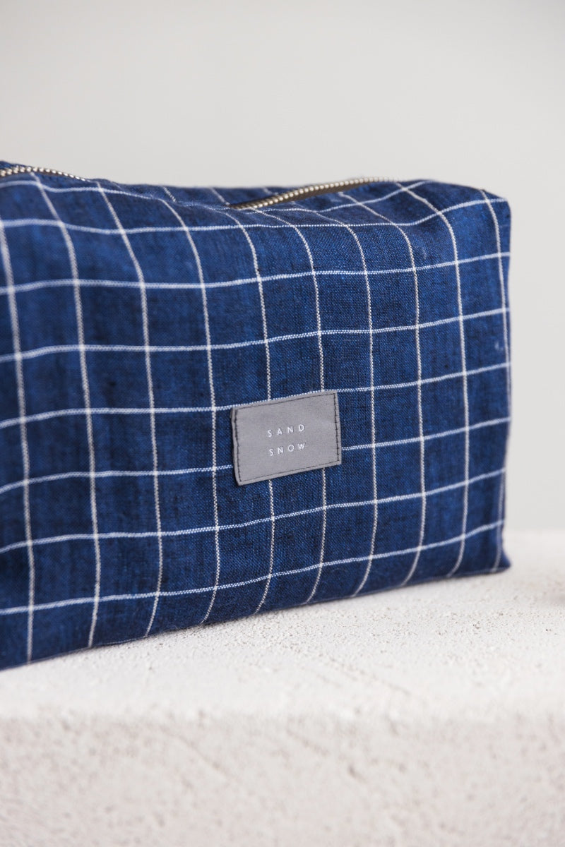 Navy Blue Windowpane Linen Makeup Bag