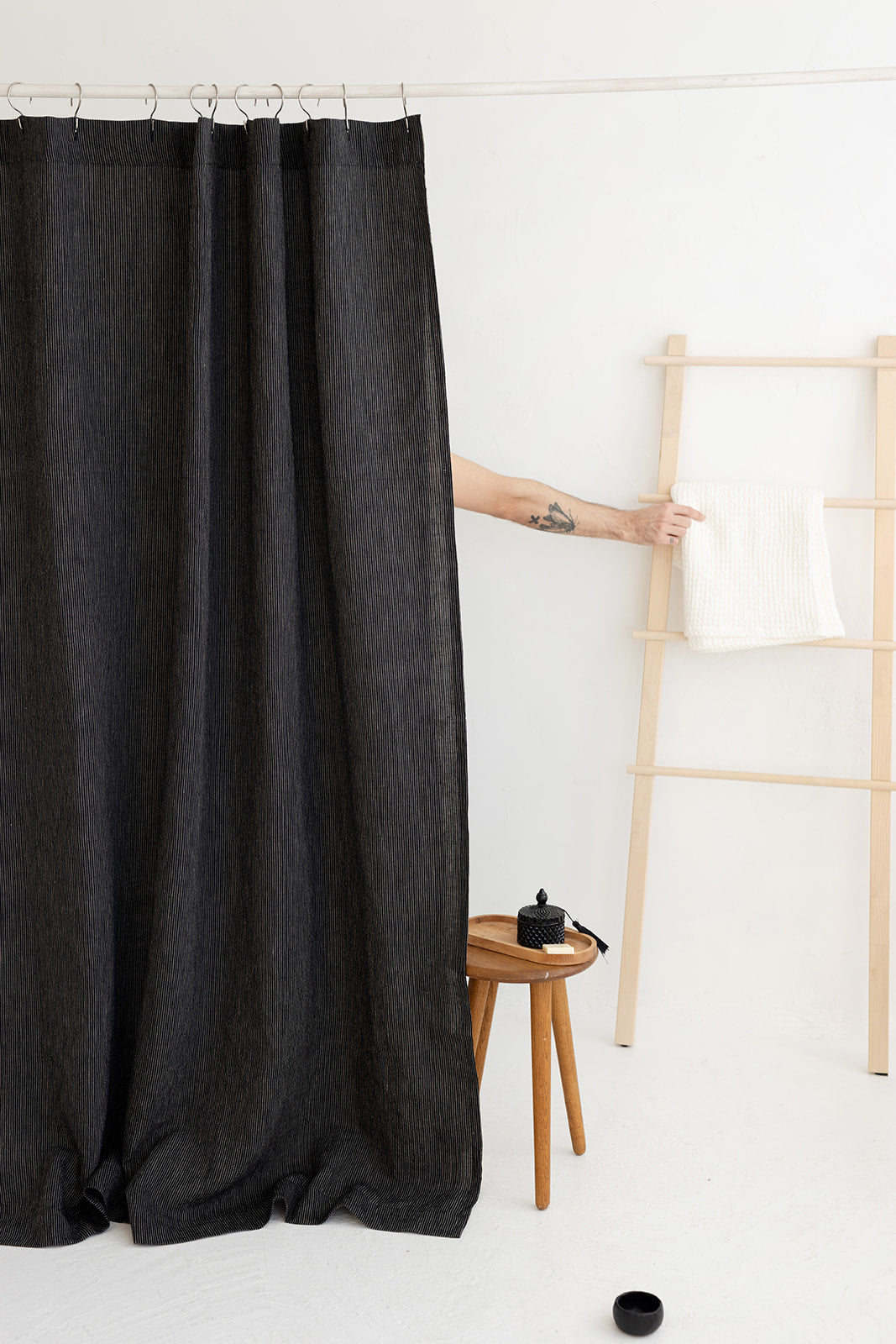 Waterproof Black Pinstripe Linen Shower Curtain 140cm / 55&