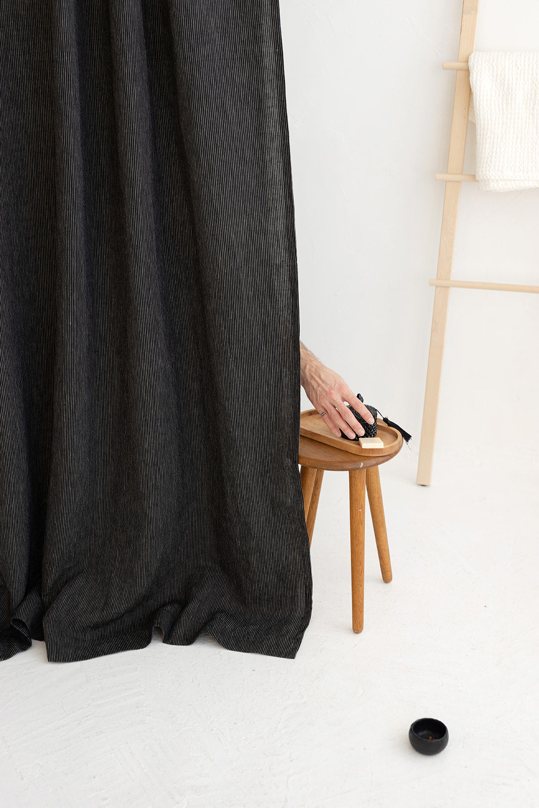 Waterproof Black Pinstripe Linen Shower Curtain 140cm / 55&