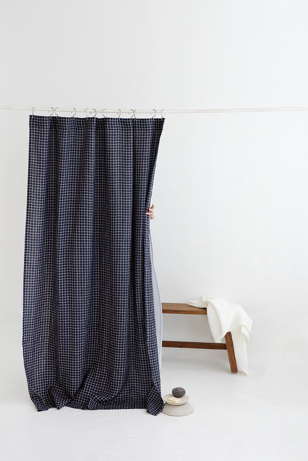 Waterproof Denim Blue Checks Linen Shower Curtain 140cm / 55&