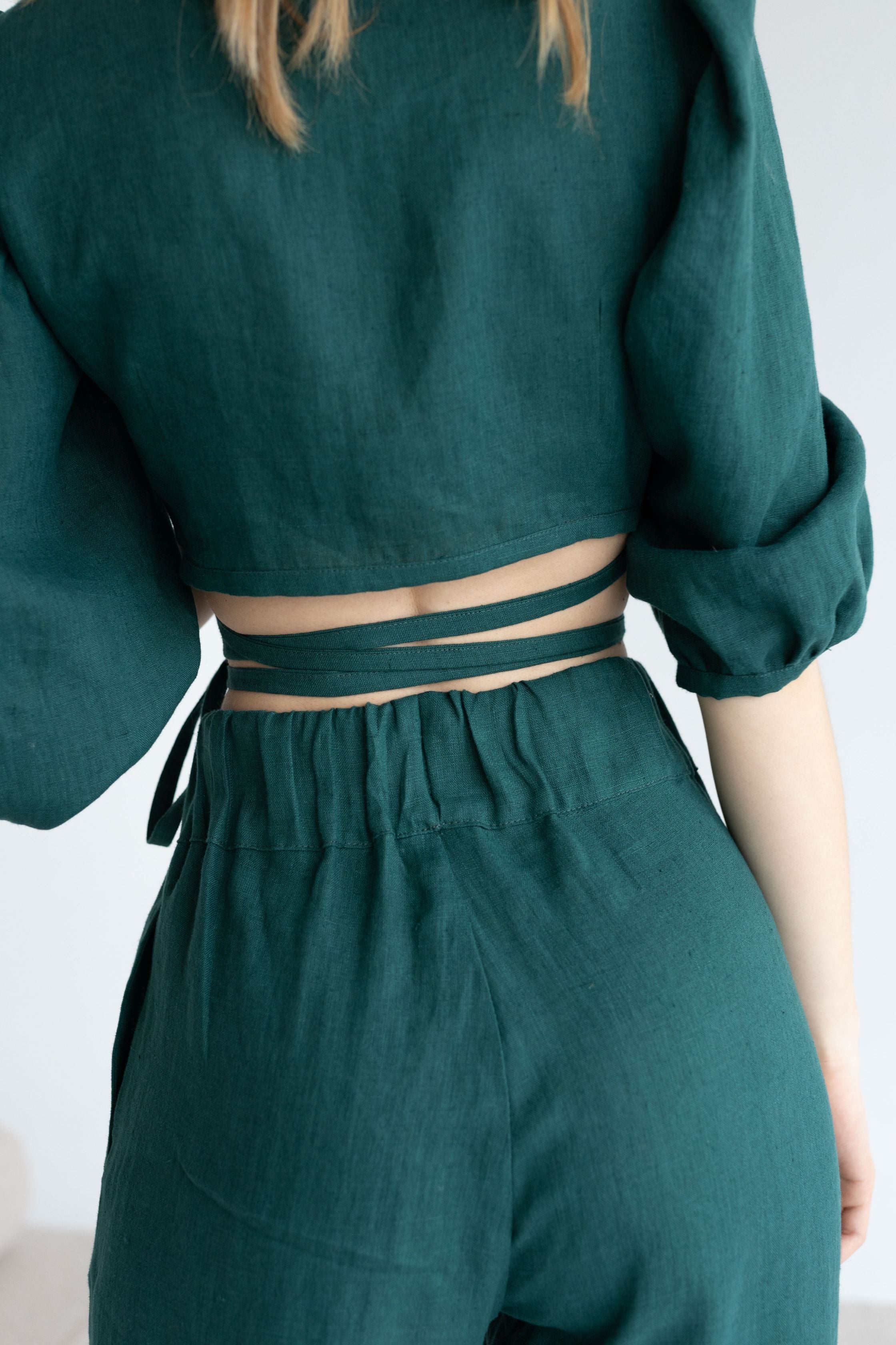 Emerald Linen Blouse With Puff Sleeves