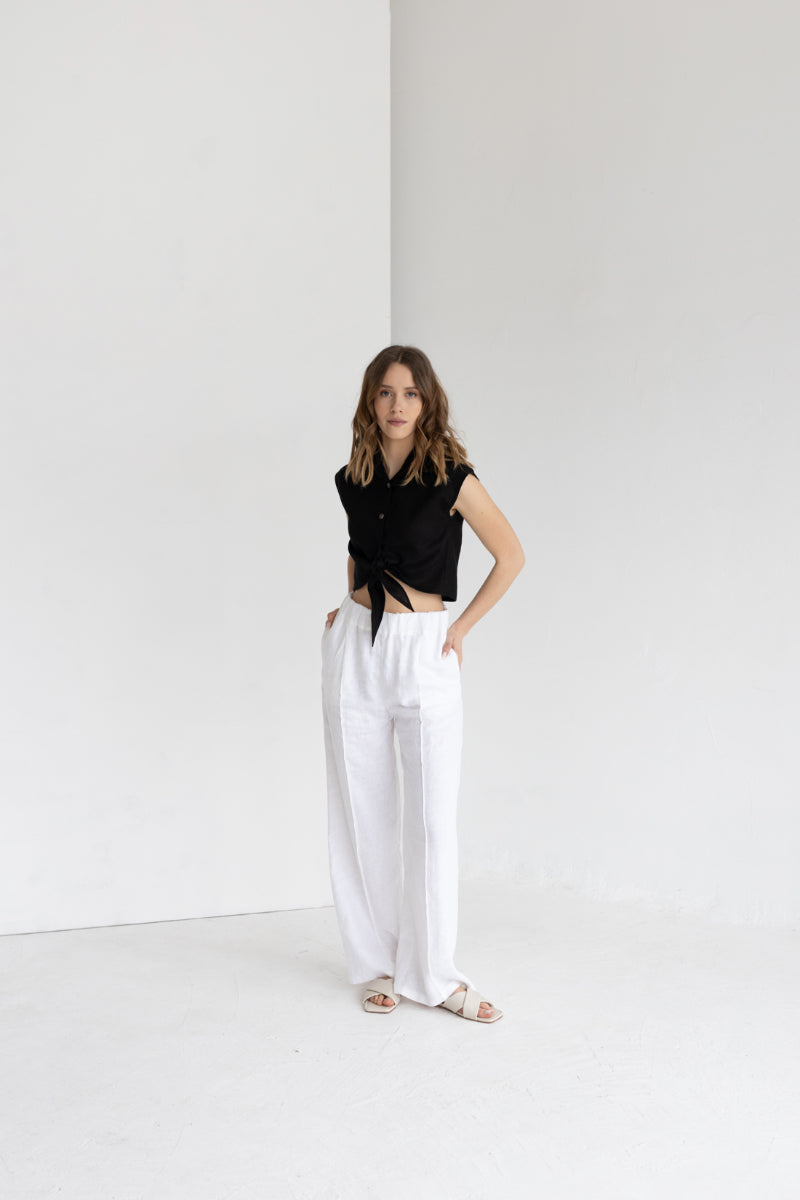 white linen trousers with crease