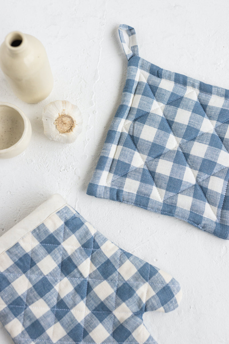 blue gingham linen oven mitt and linen pot holder