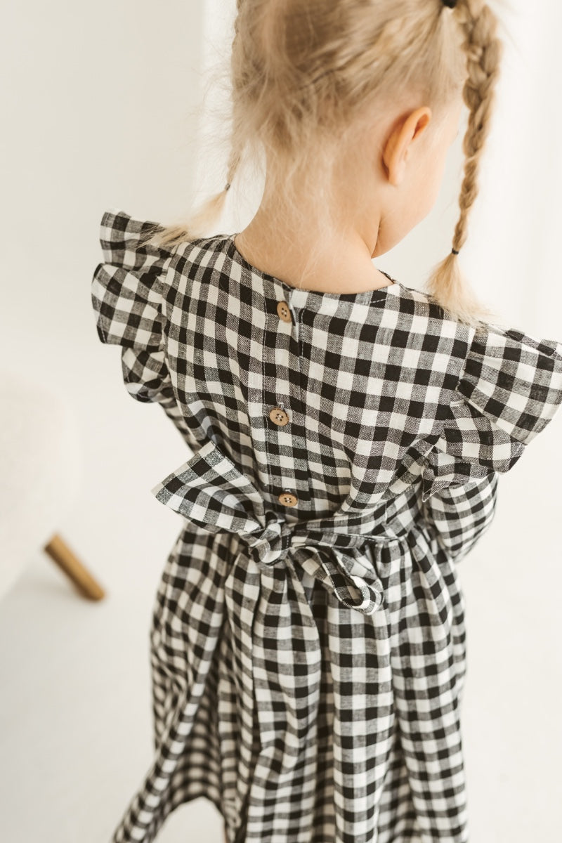 black gingham linen girls dress