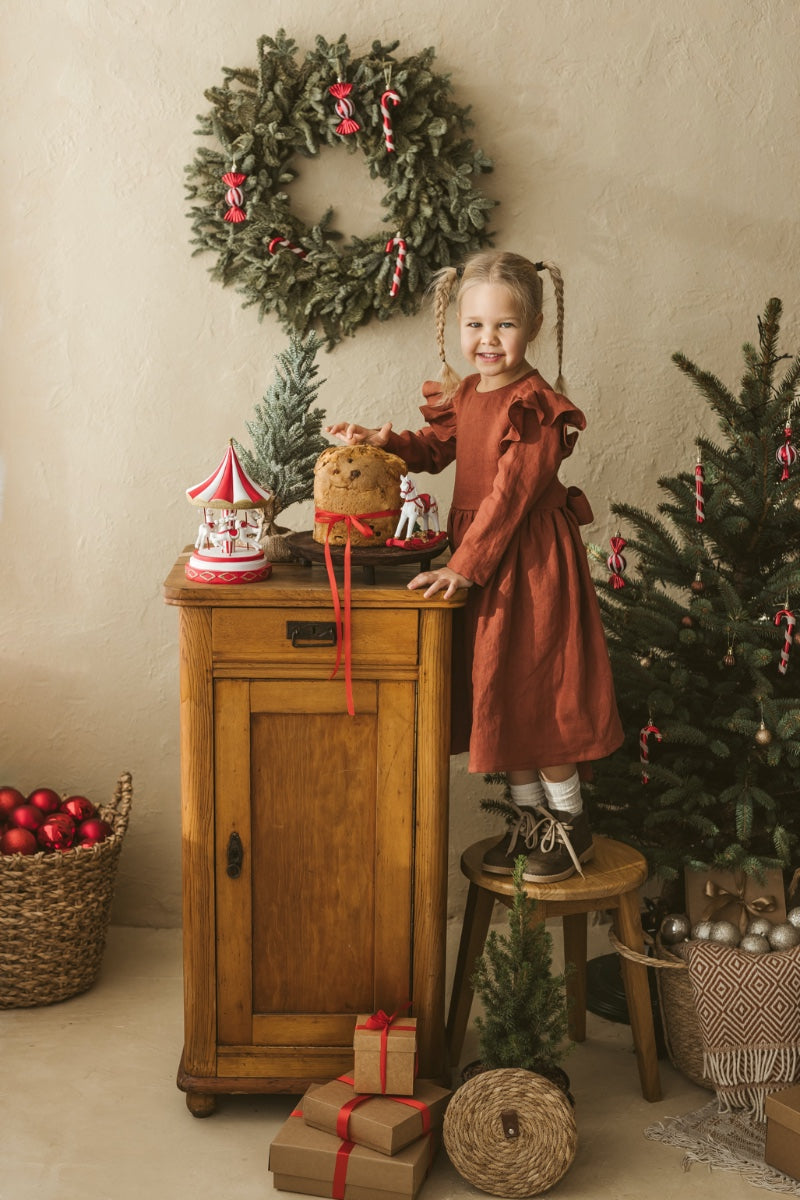 Rusty linen girls dress with ruffles for Christmas