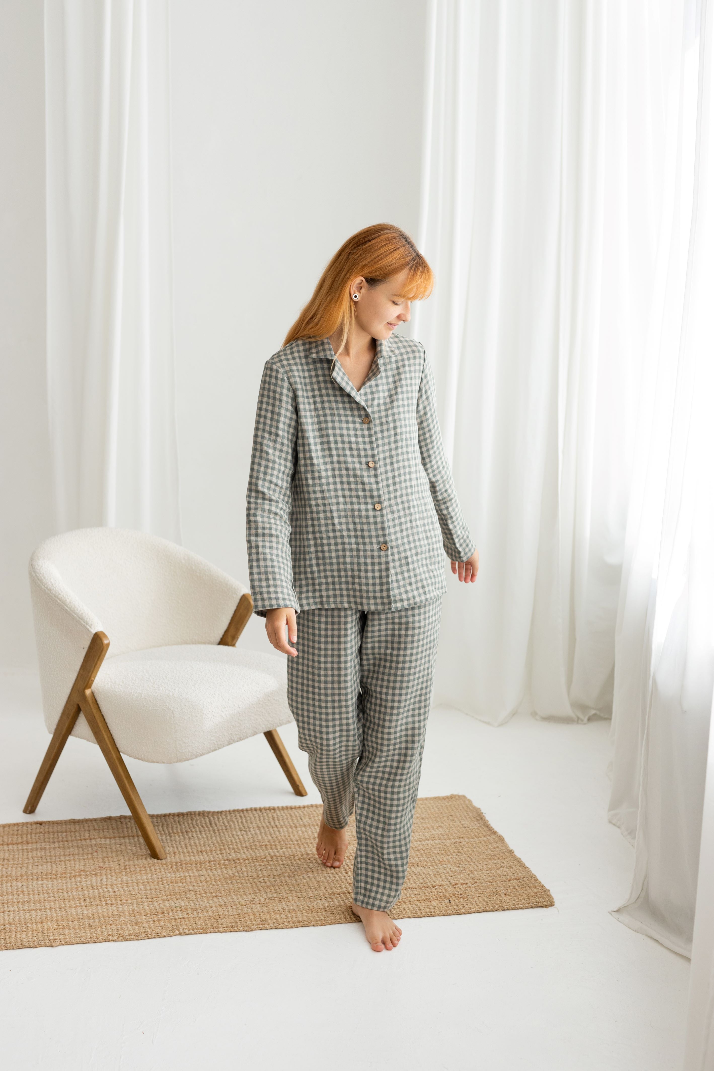 gray gingham women linen pajama set
