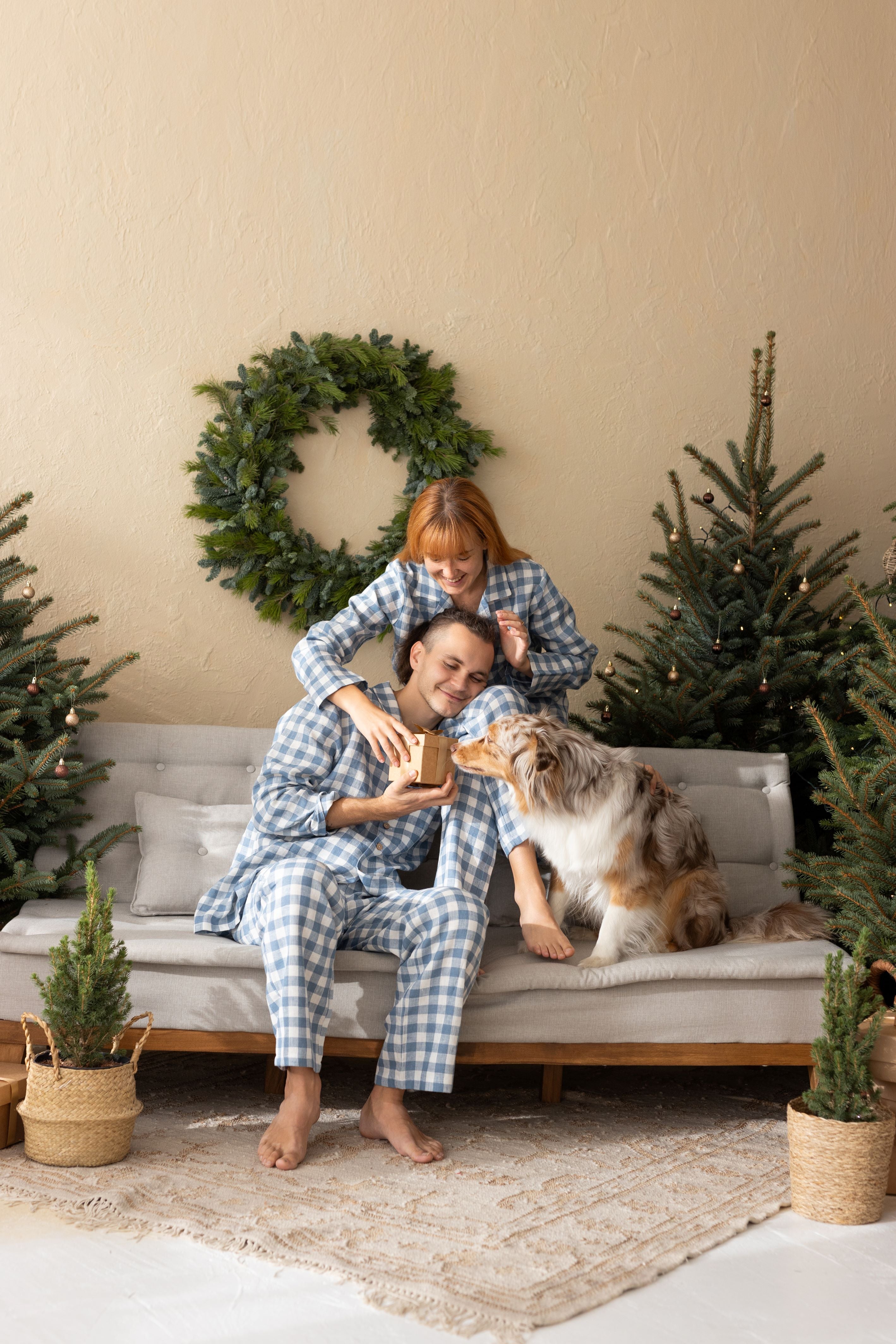 Light Blue Gingham Linen Pajama Set For Couple