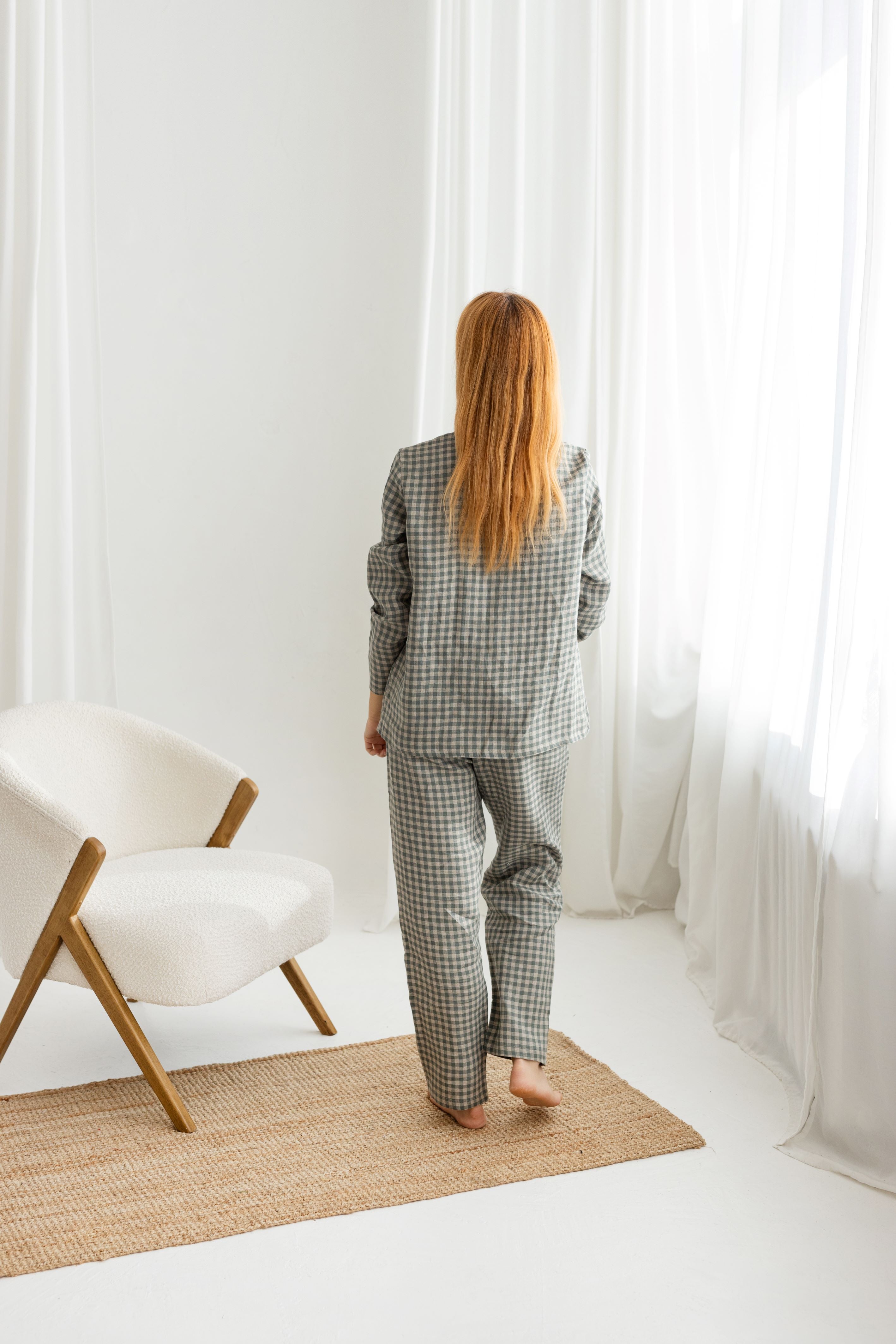 gray gingham women linen pajama set