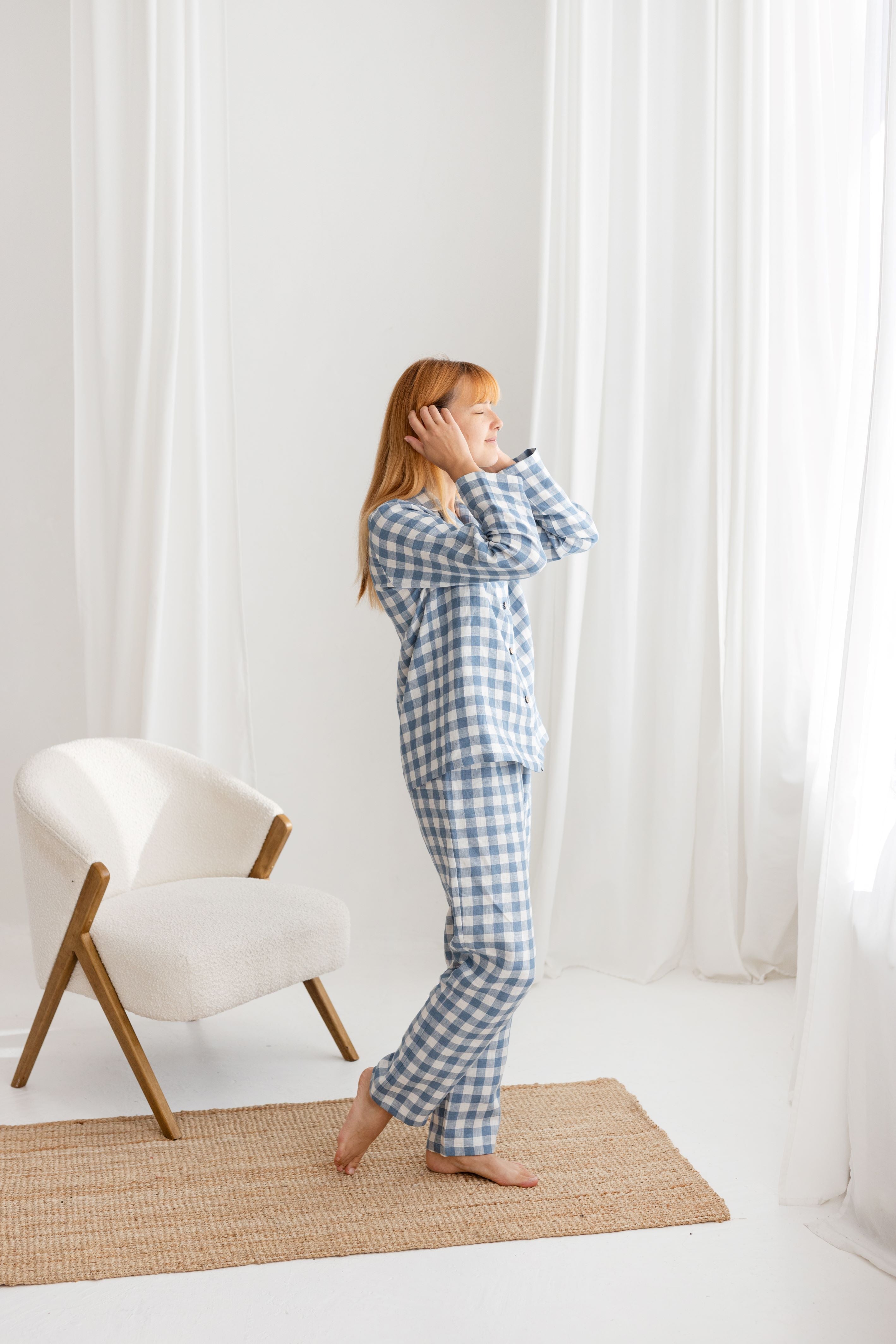 Light Blue Gingham linen pajama set