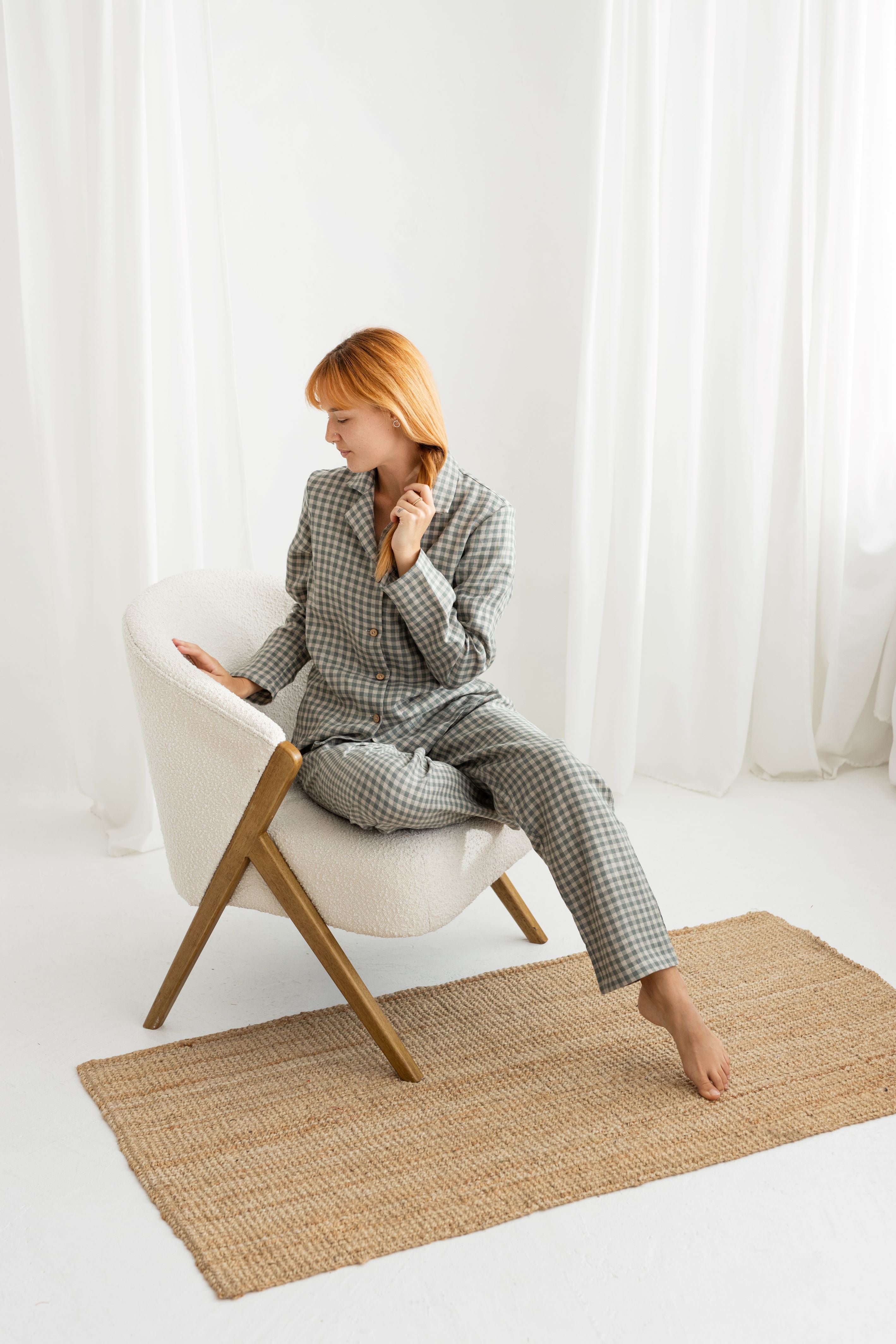 gray gingham women linen pajama set