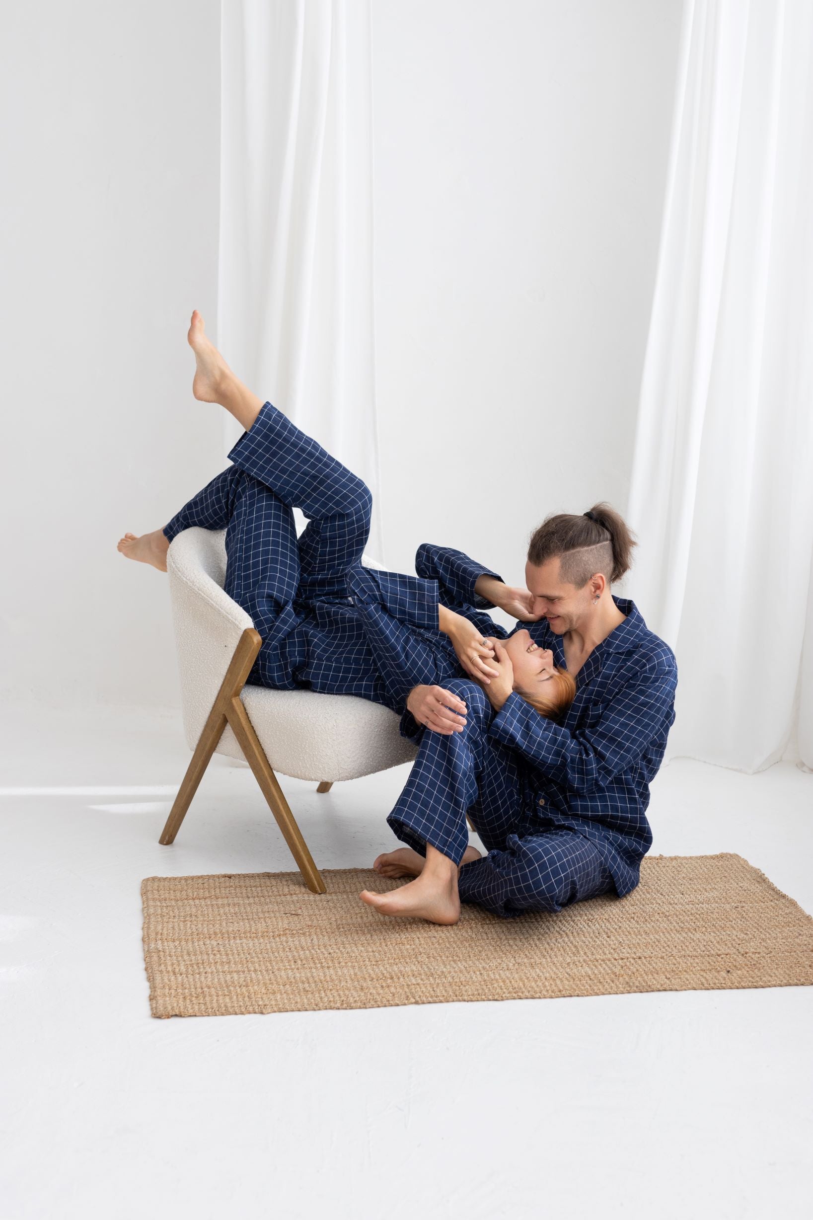 Navy Blue Windowpane Linen Pajama Set For Couple