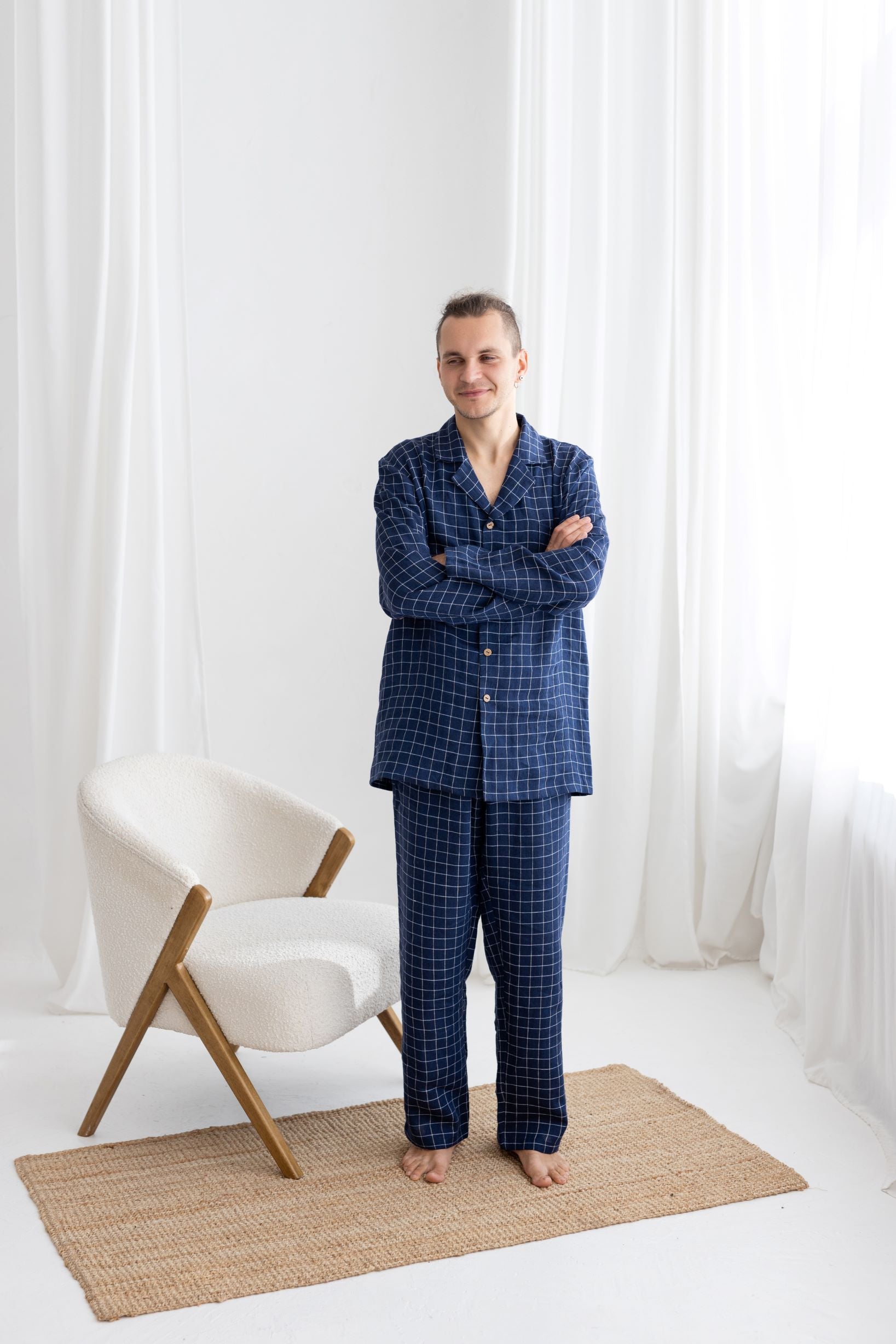 Navy Blue Linen Pajama Set For Men