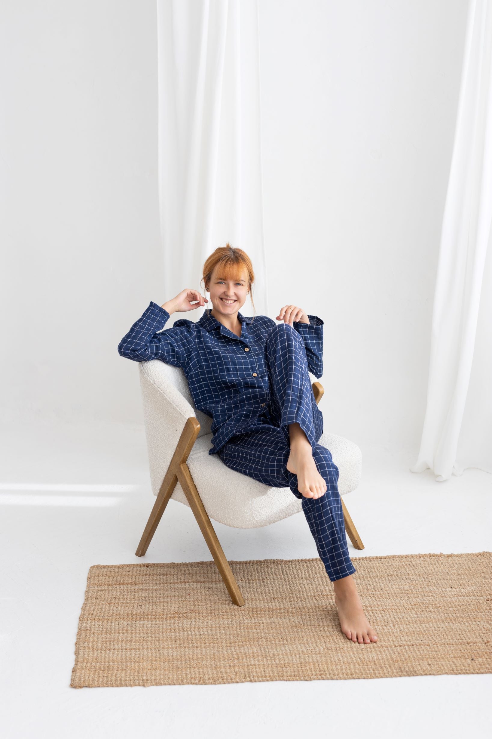 Navy Blue Windowpane linen pajama set