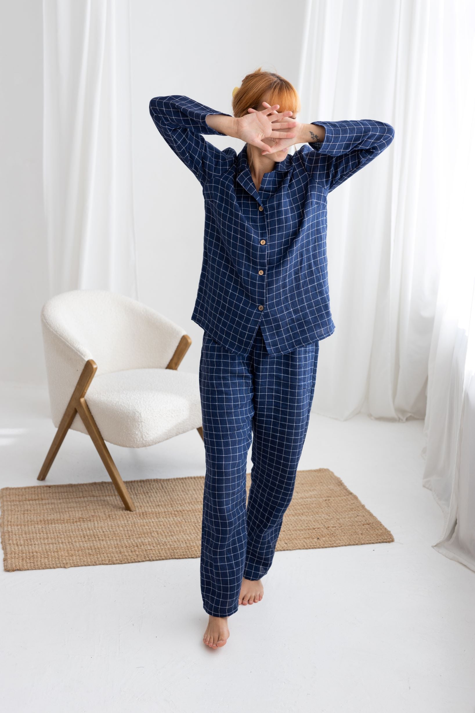 Navy Blue Windowpane linen pajama set