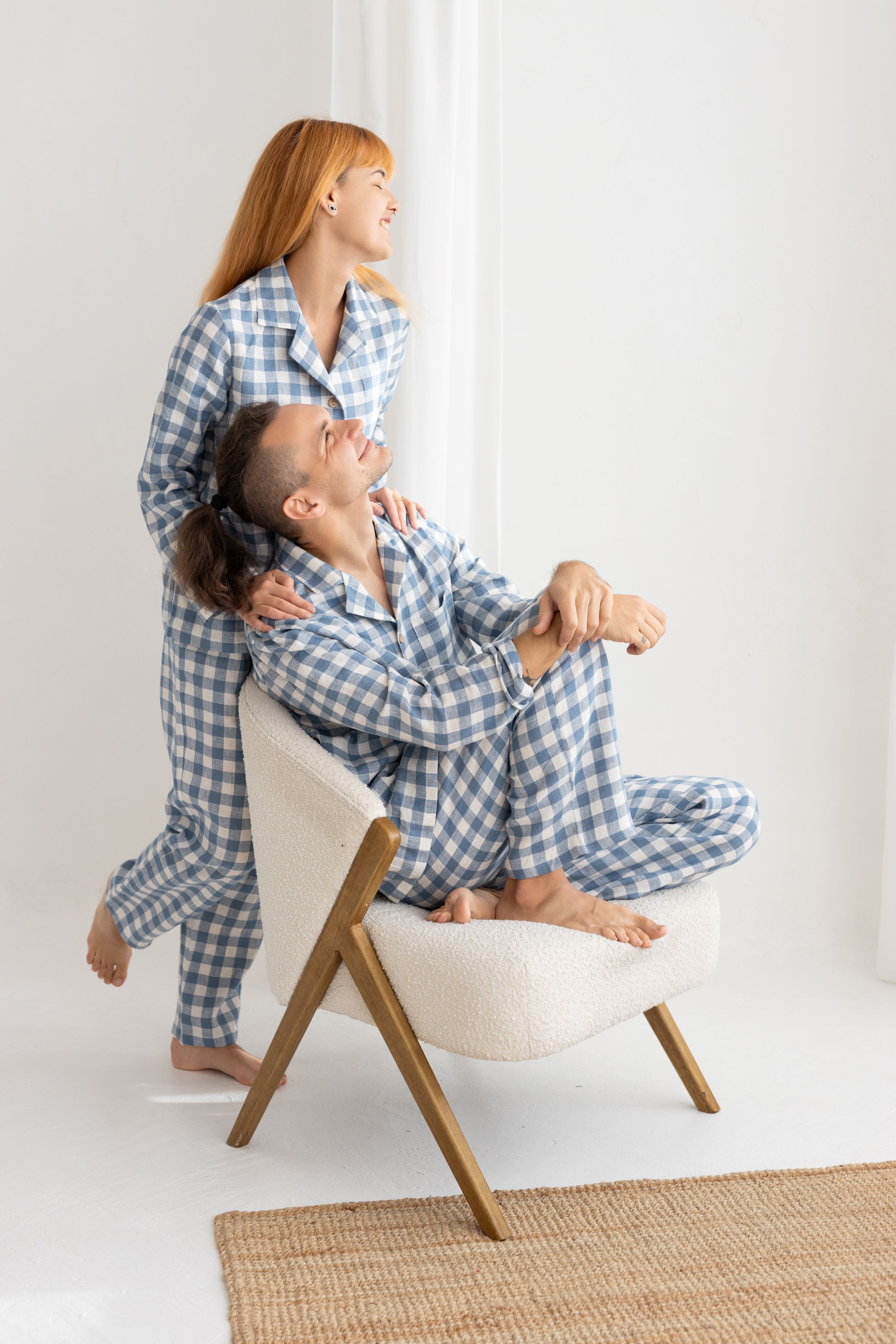 Light Blue Gingham Linen Pajama For Men