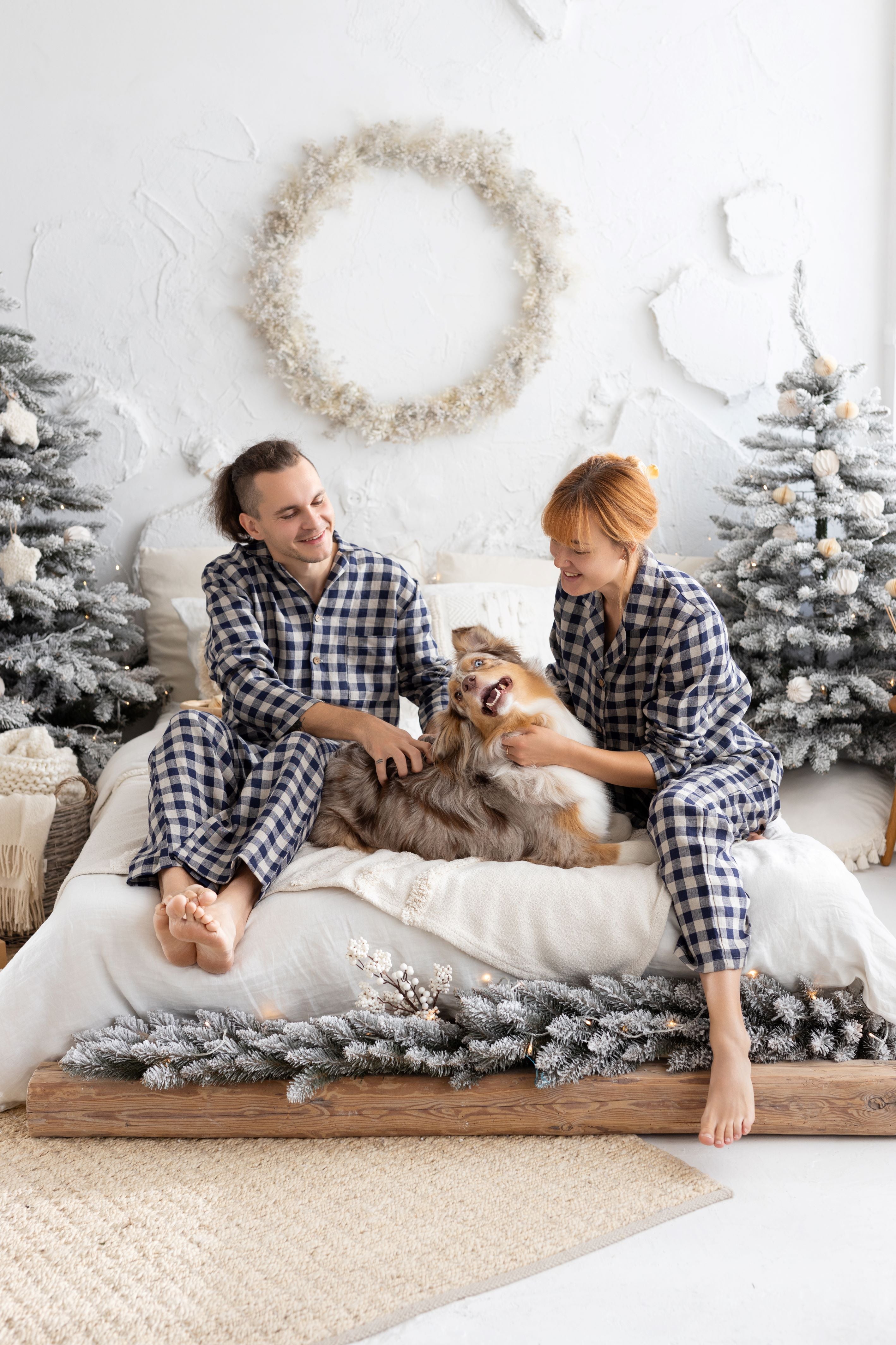 Deep Blue Gingham Linen Pajama Set For Couple