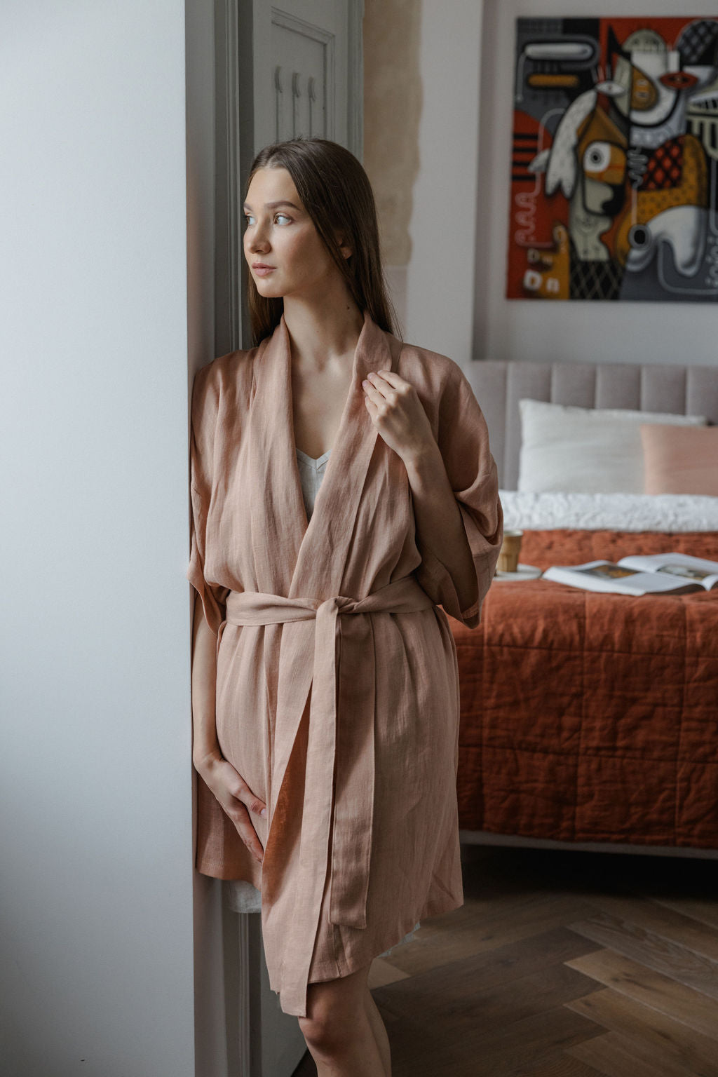 Peach Lightweight Linen Kimono Robe