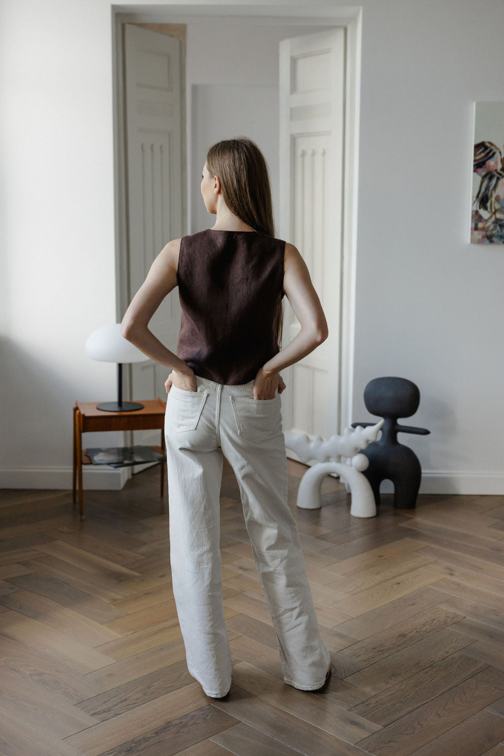 brown linen vest with buttons