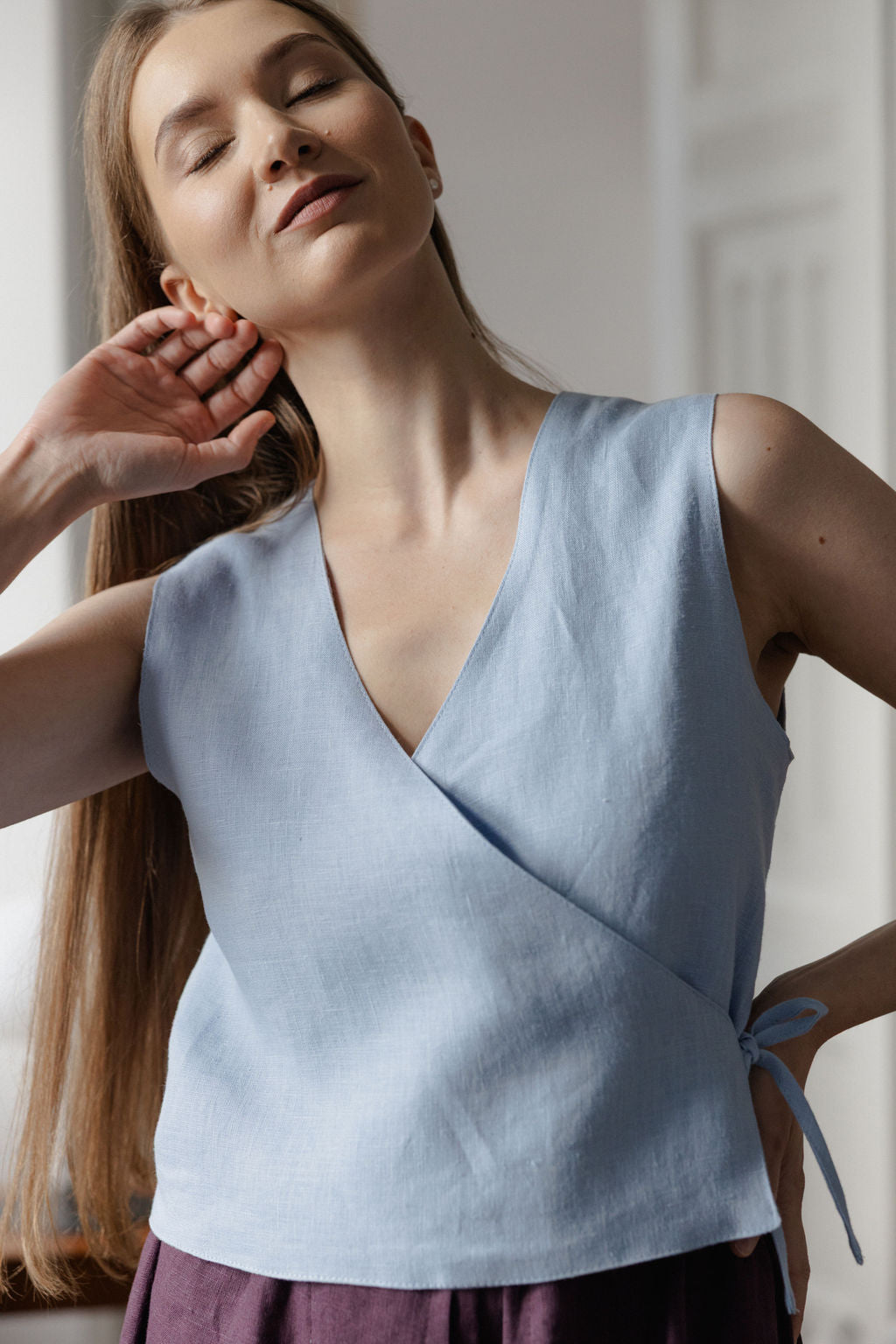 blue linen wrap vest