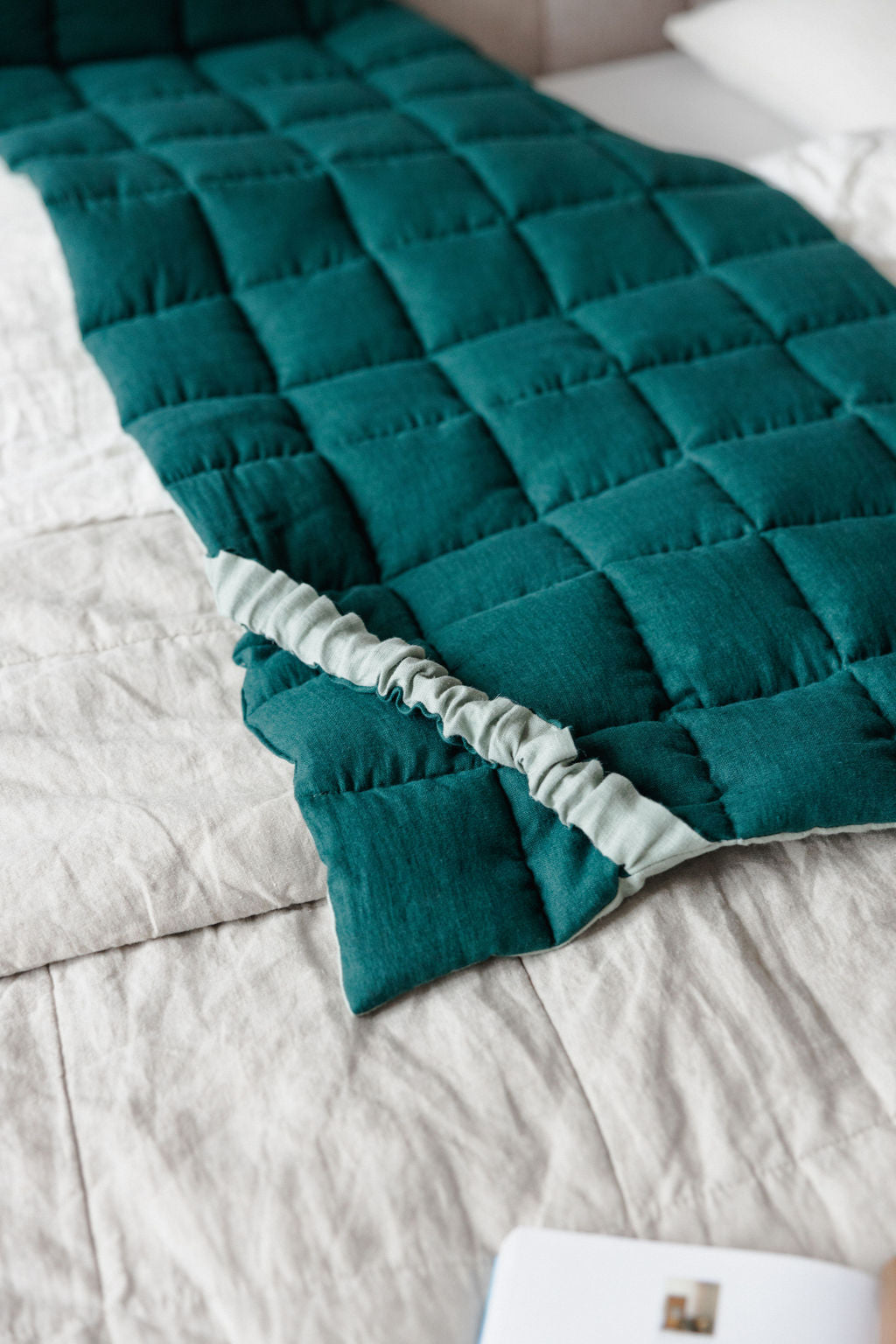 Teal quilted blanket on a bed with white bedding