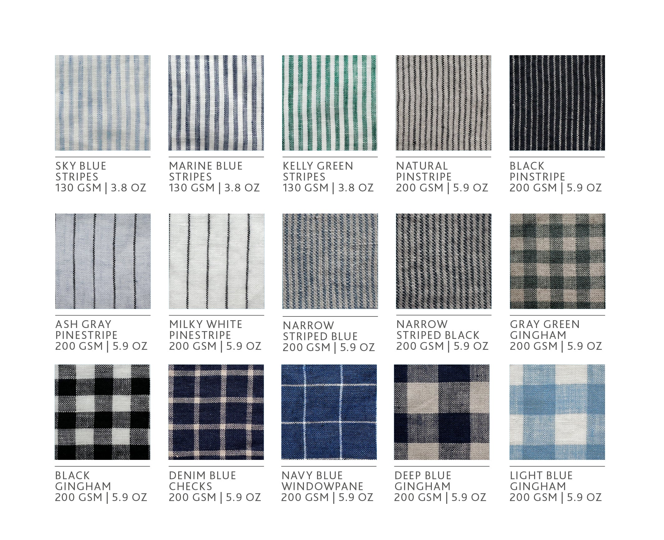 Collection of fabric swatches with various patterns and colors on a white background
