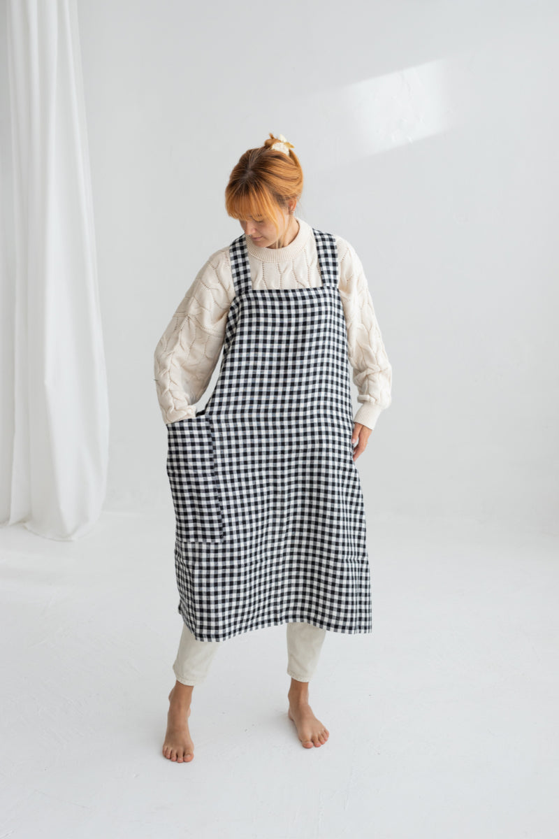 black gingham linen japanese pinafore