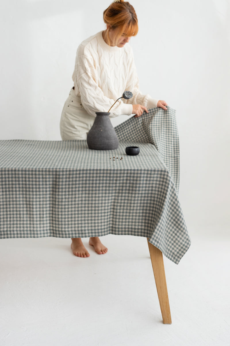 Gray Green Gingham Linen Tablecloth