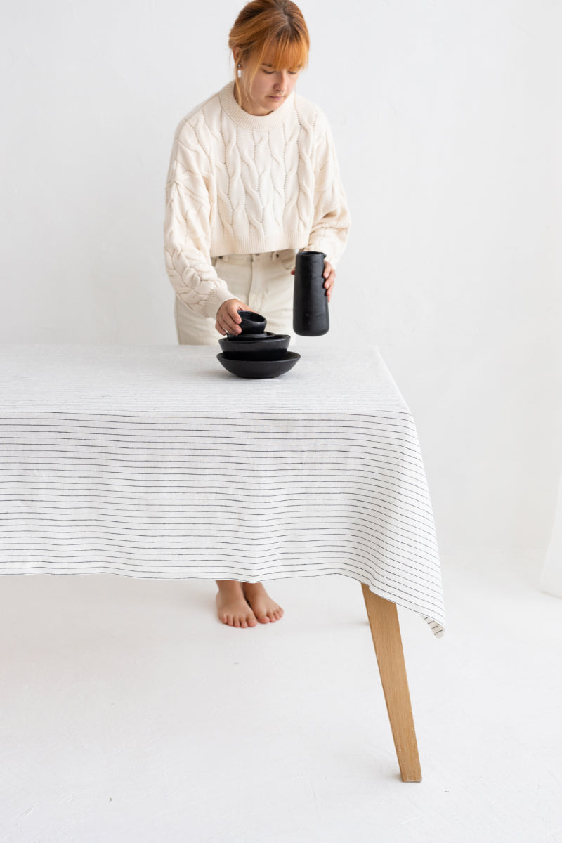 white striped linen tablecloth