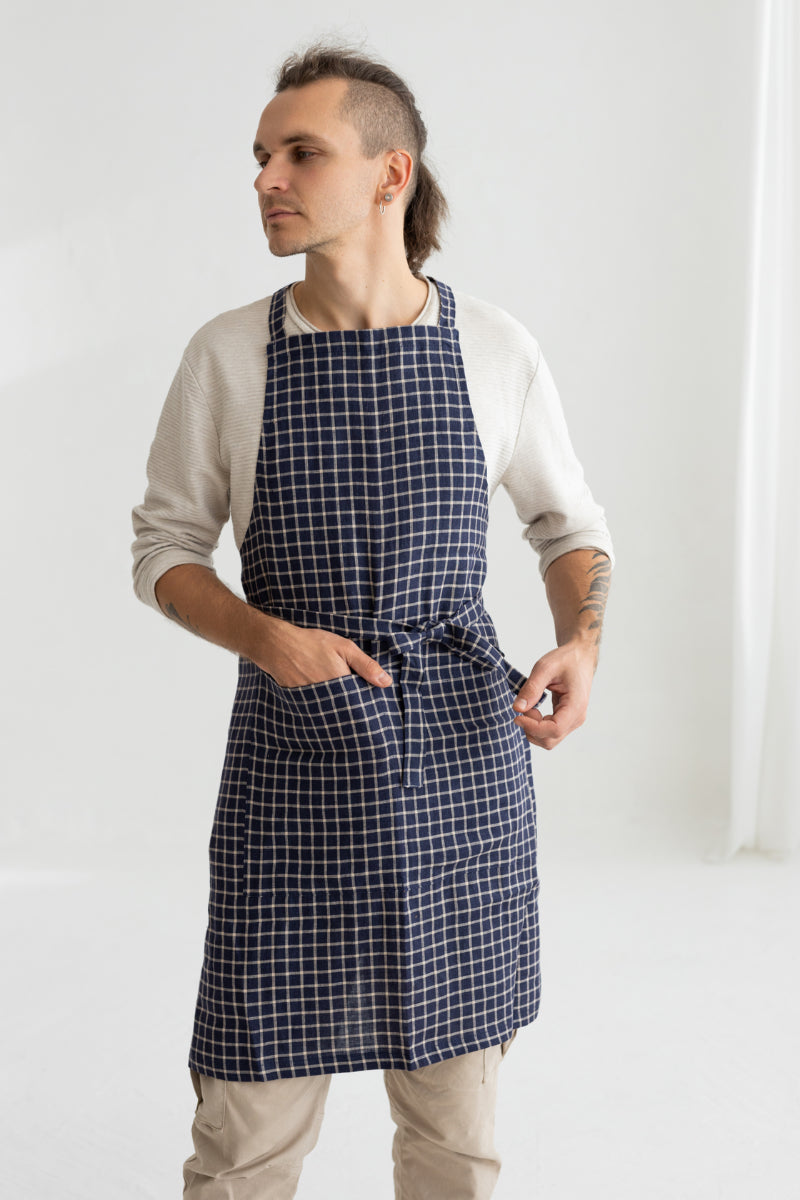 blue linen men apron
