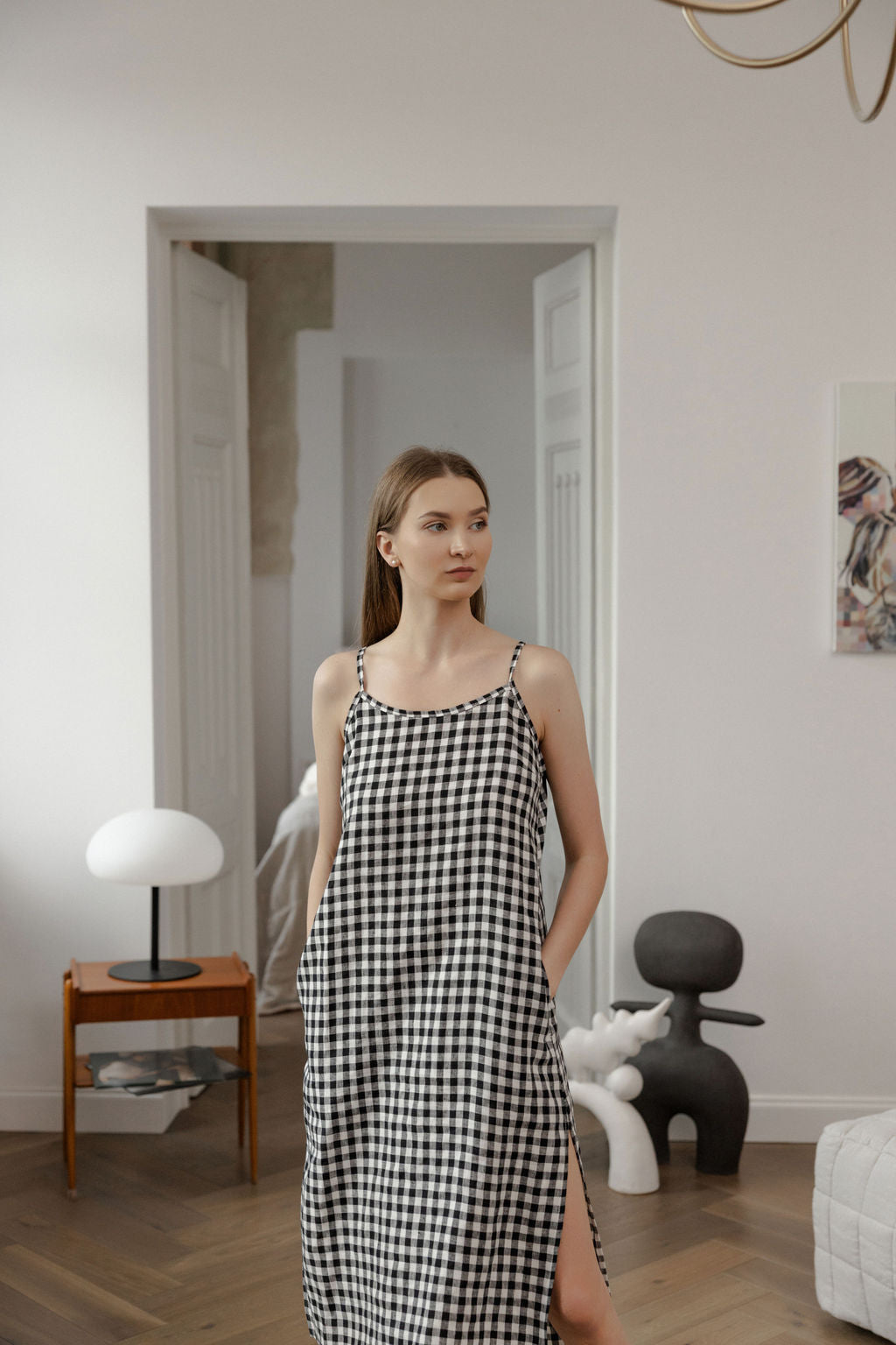 Black Gingham Linen Slip Dress With Straps