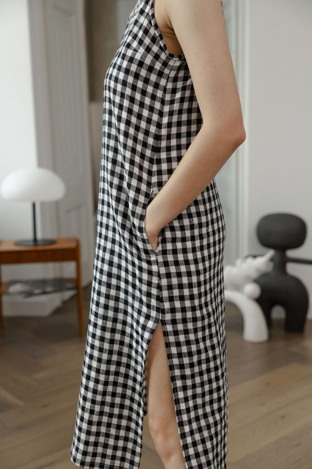 Black Gingham Linen Slip Dress With Straps