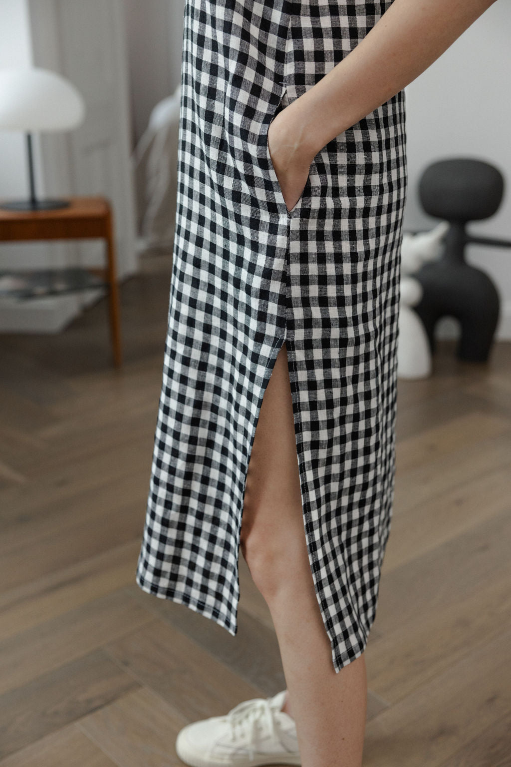Black Gingham Linen Slip Dress With Straps