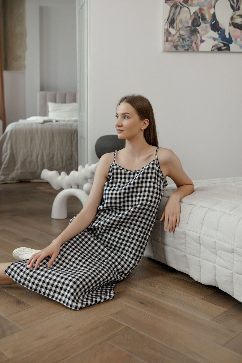 Black Gingham Linen Slip Dress With Straps