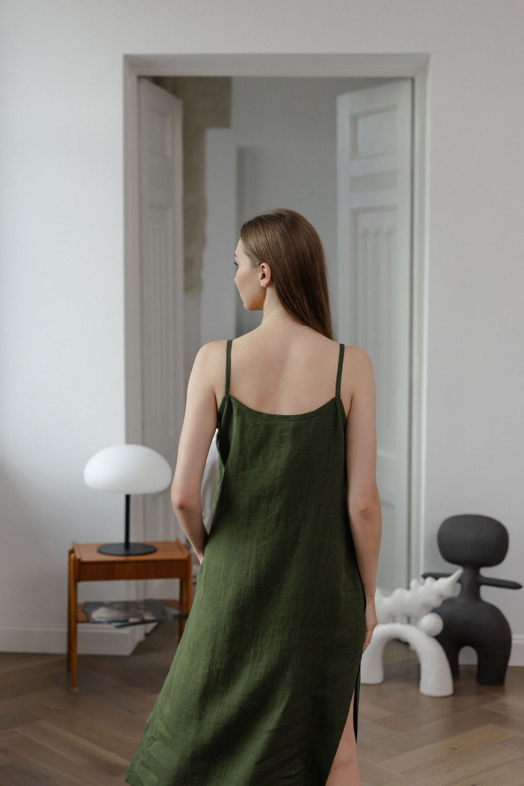 Dark Green Linen Slip Dress With Straps