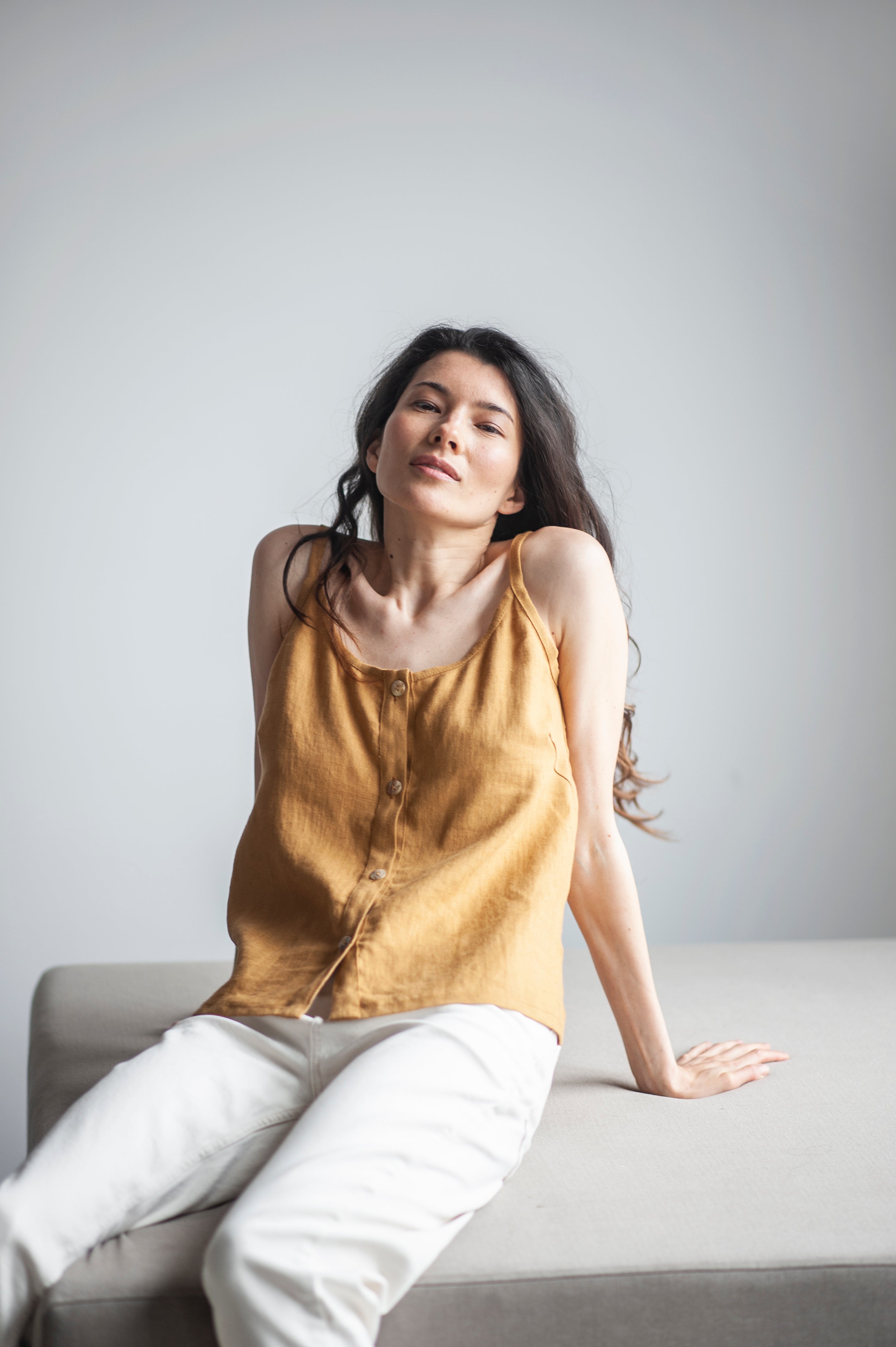 Blue Linen Slip Top With Straps