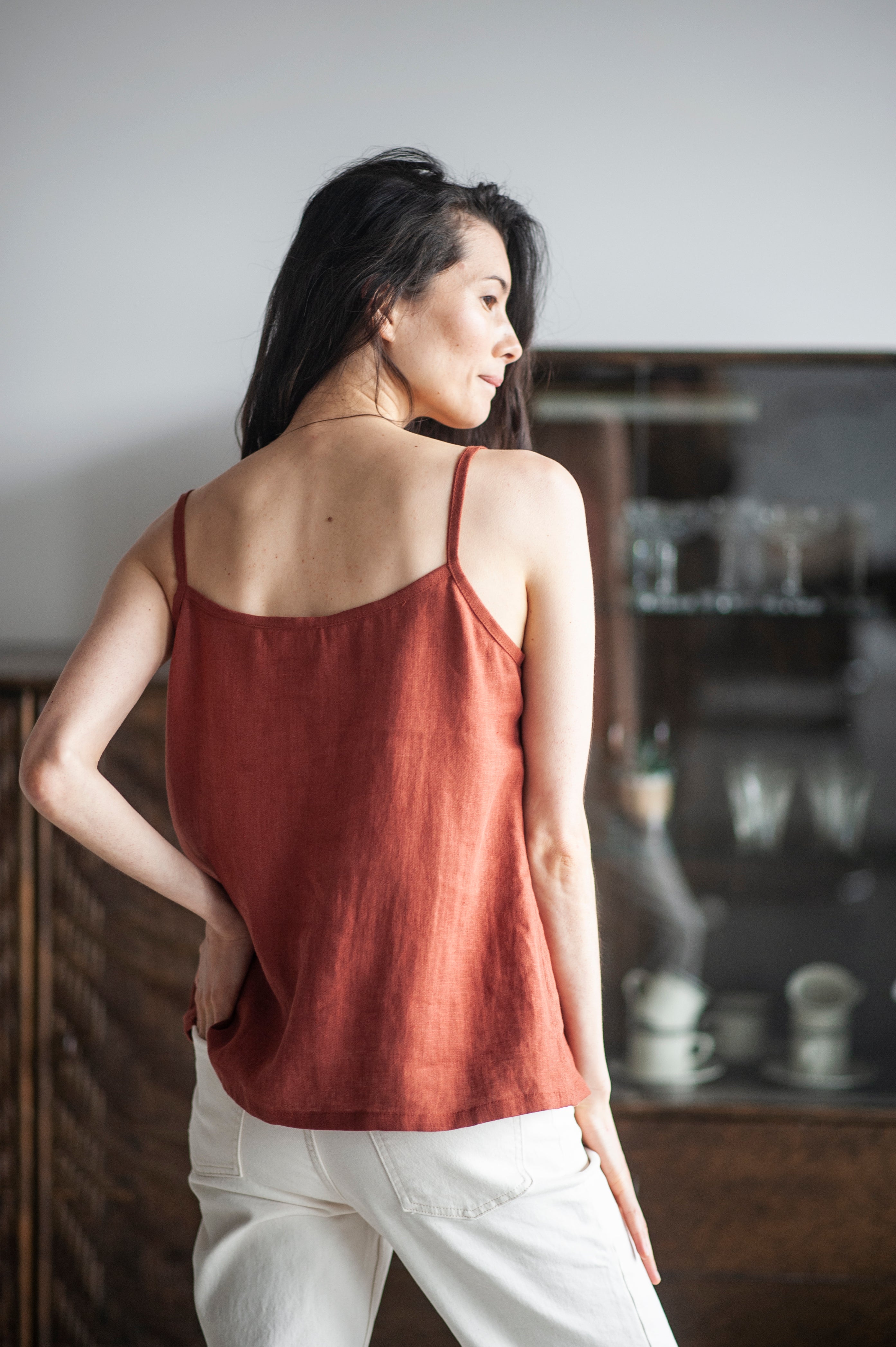 Walnut Brown Linen Cami Top With Straps