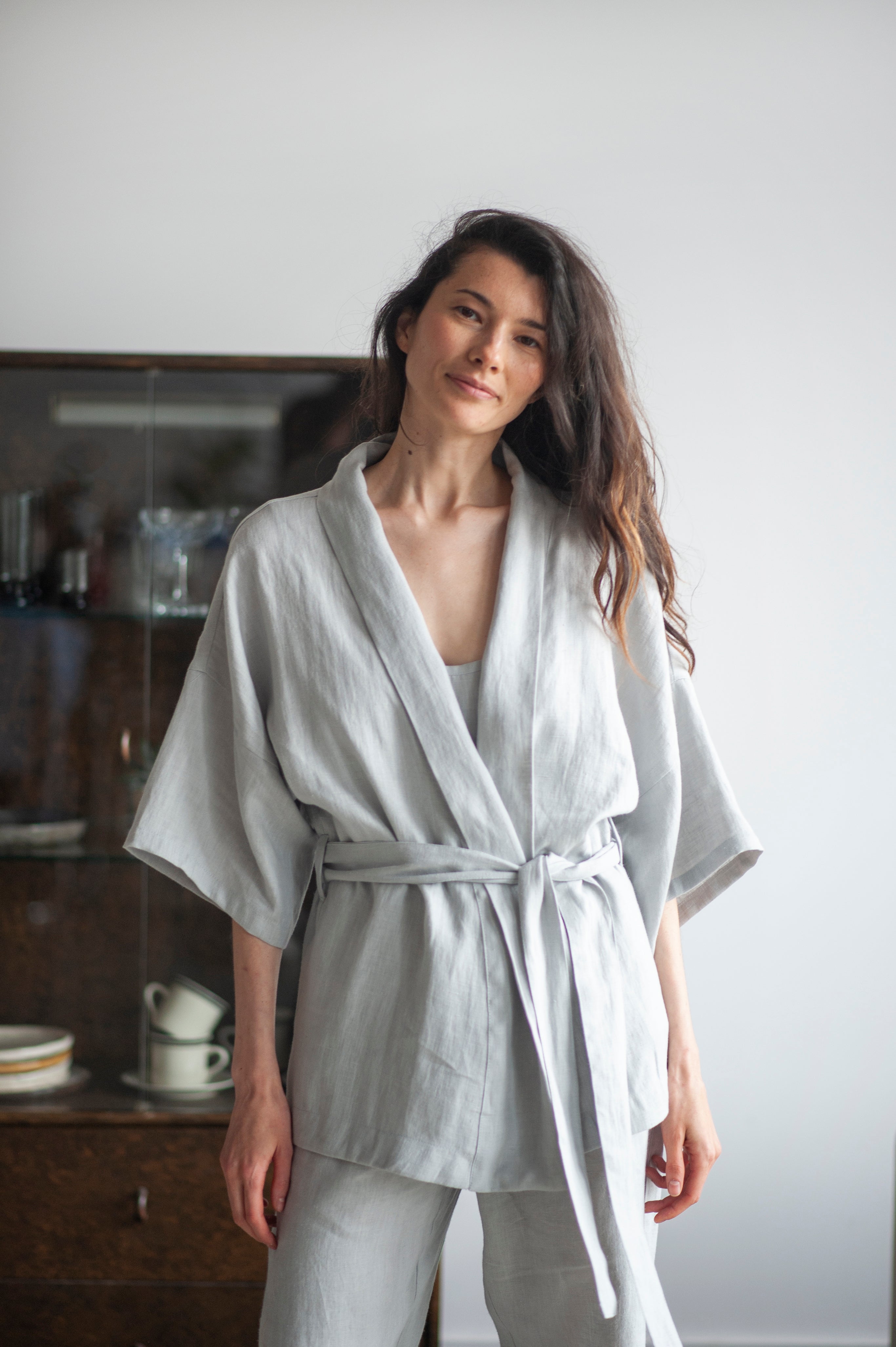 Cloud Gray Linen Kimono And Pants Set