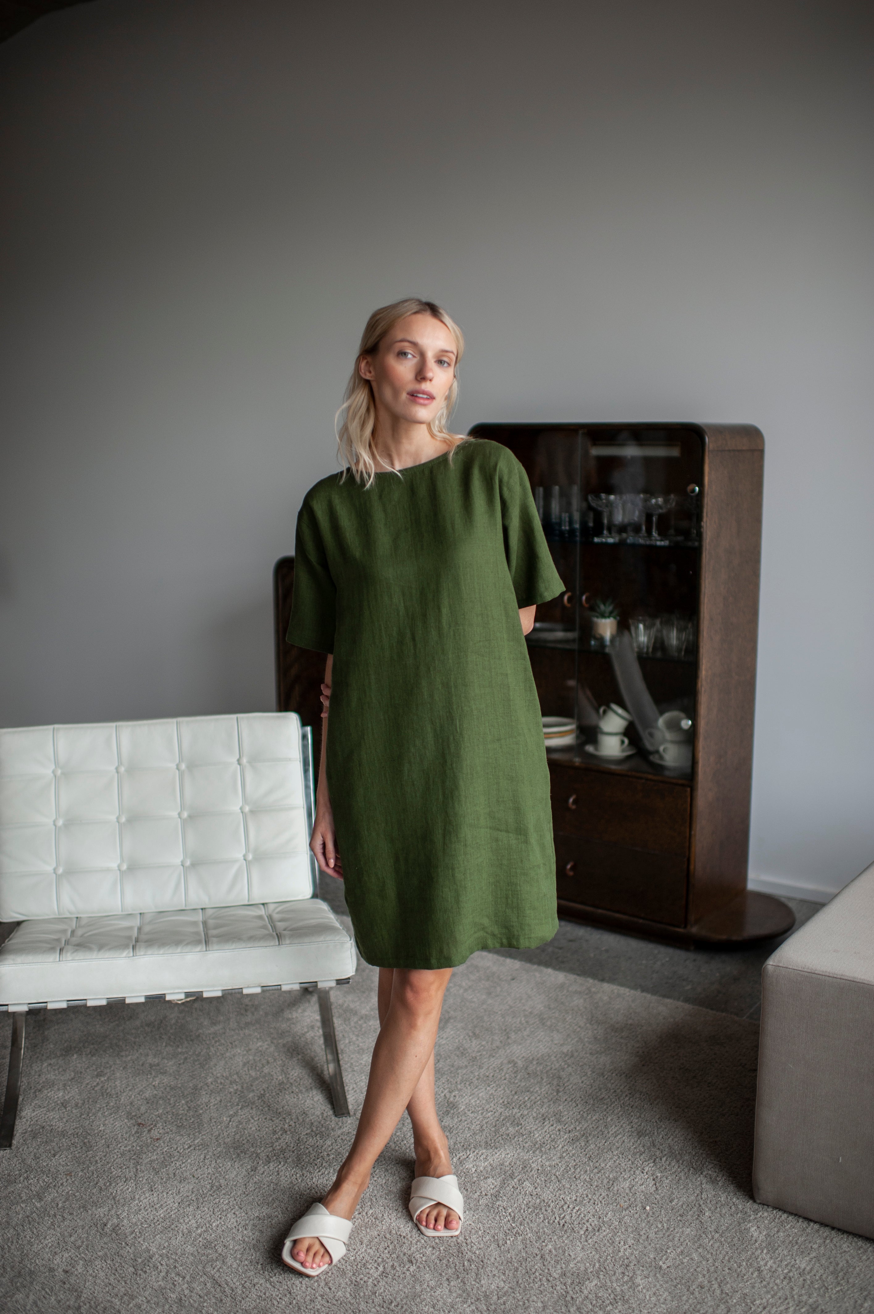 Green linen dress
