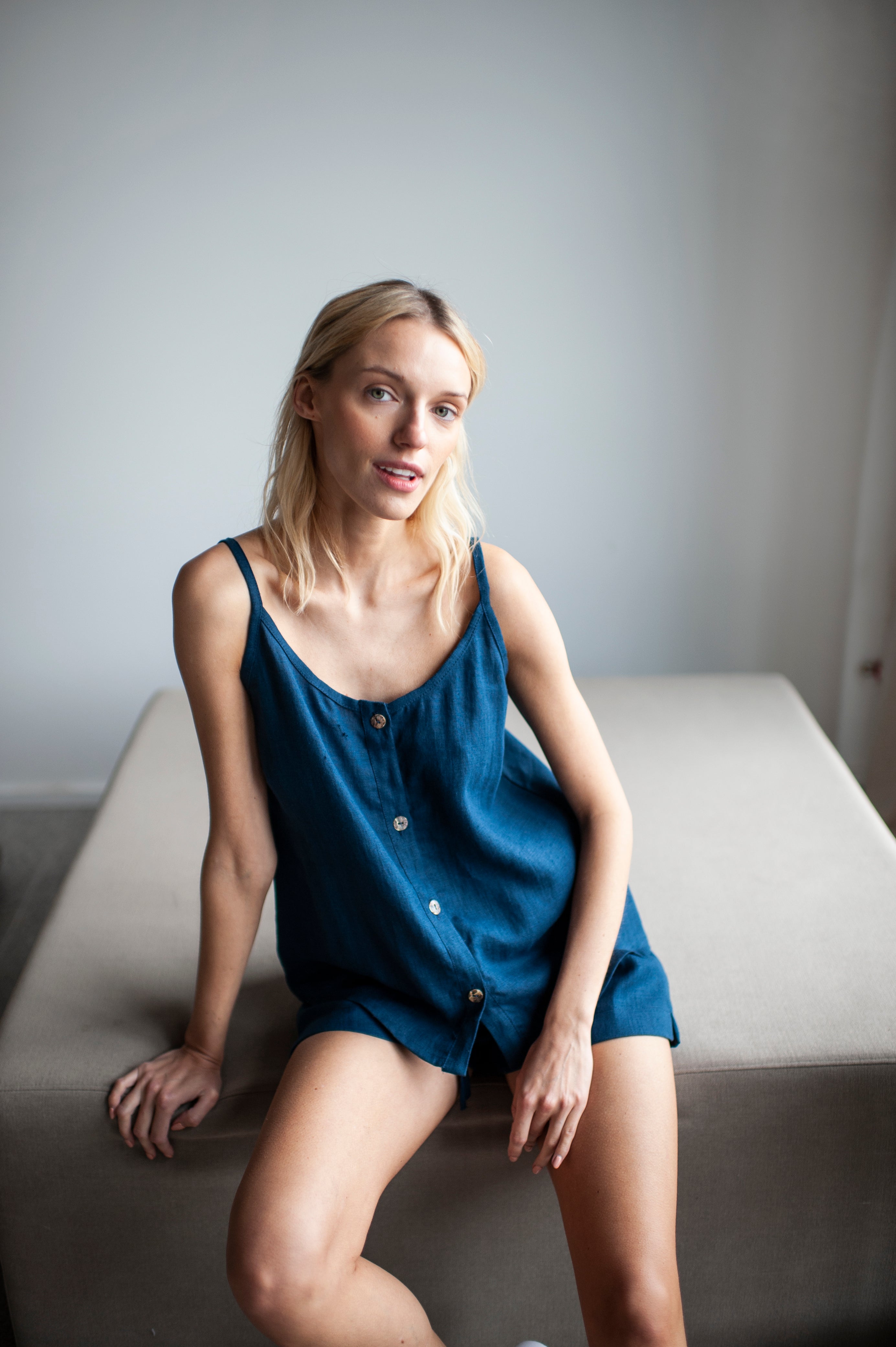 Steel Blue Linen Shorts and Cami Top Set
