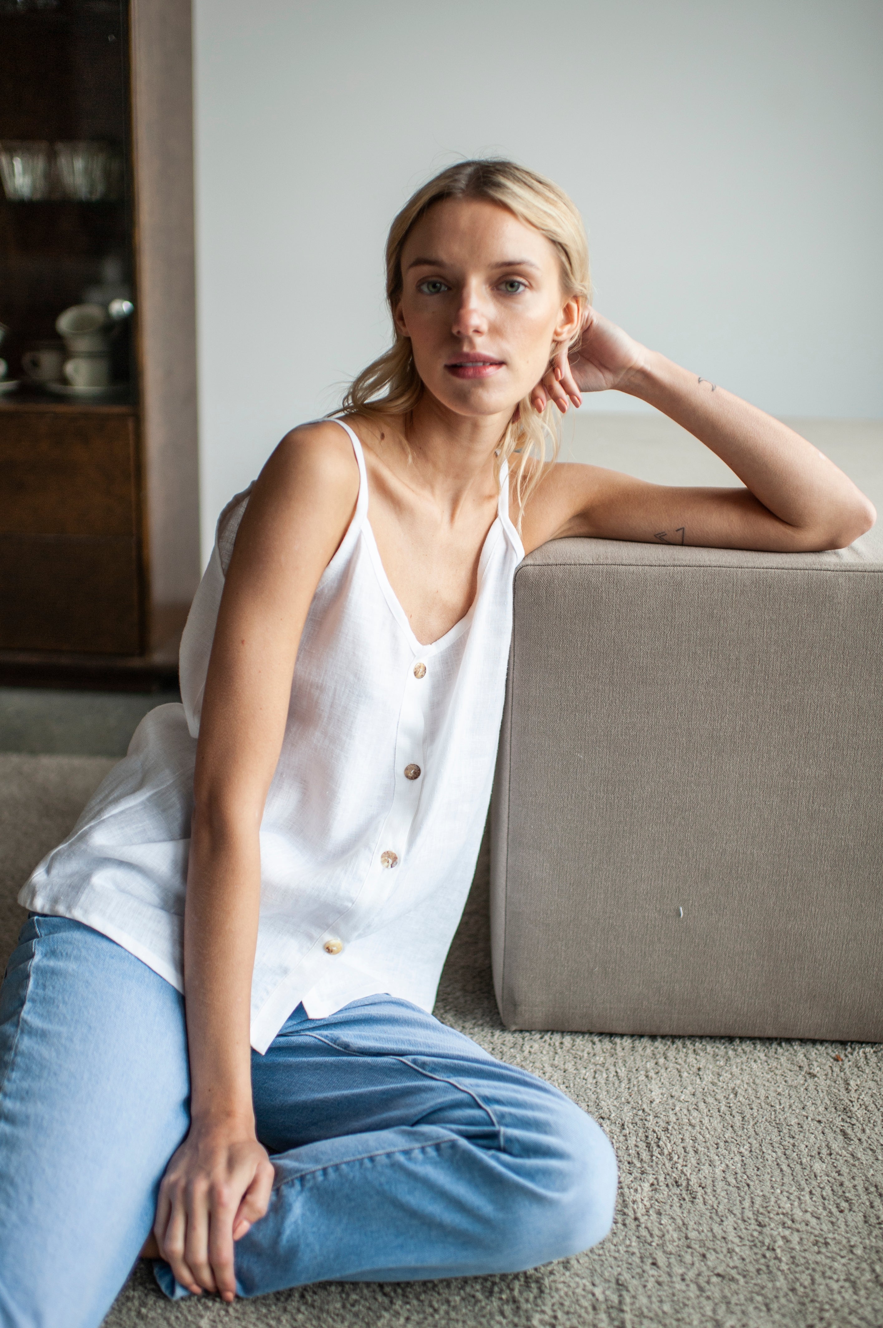 Blue Linen Slip Top With Straps