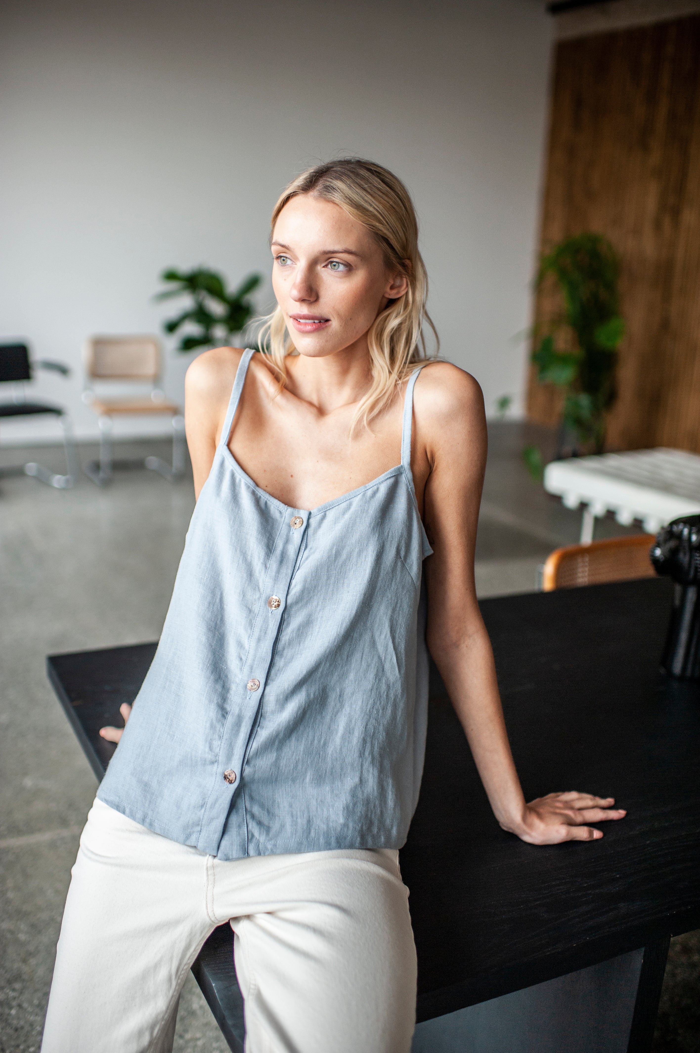Ice Blue Linen Cami Top With Straps