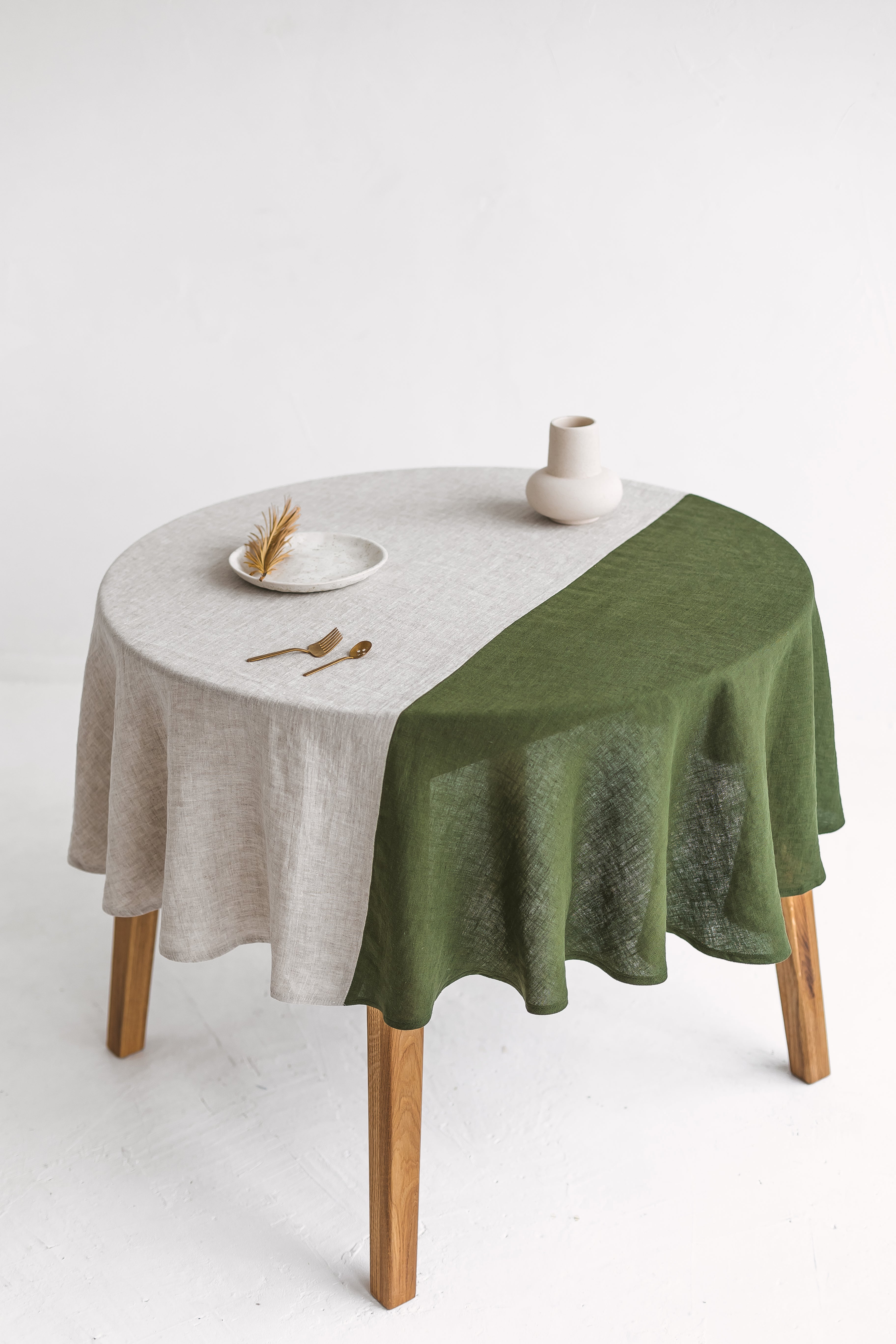 Color Block Round Green Linen Tablecloth