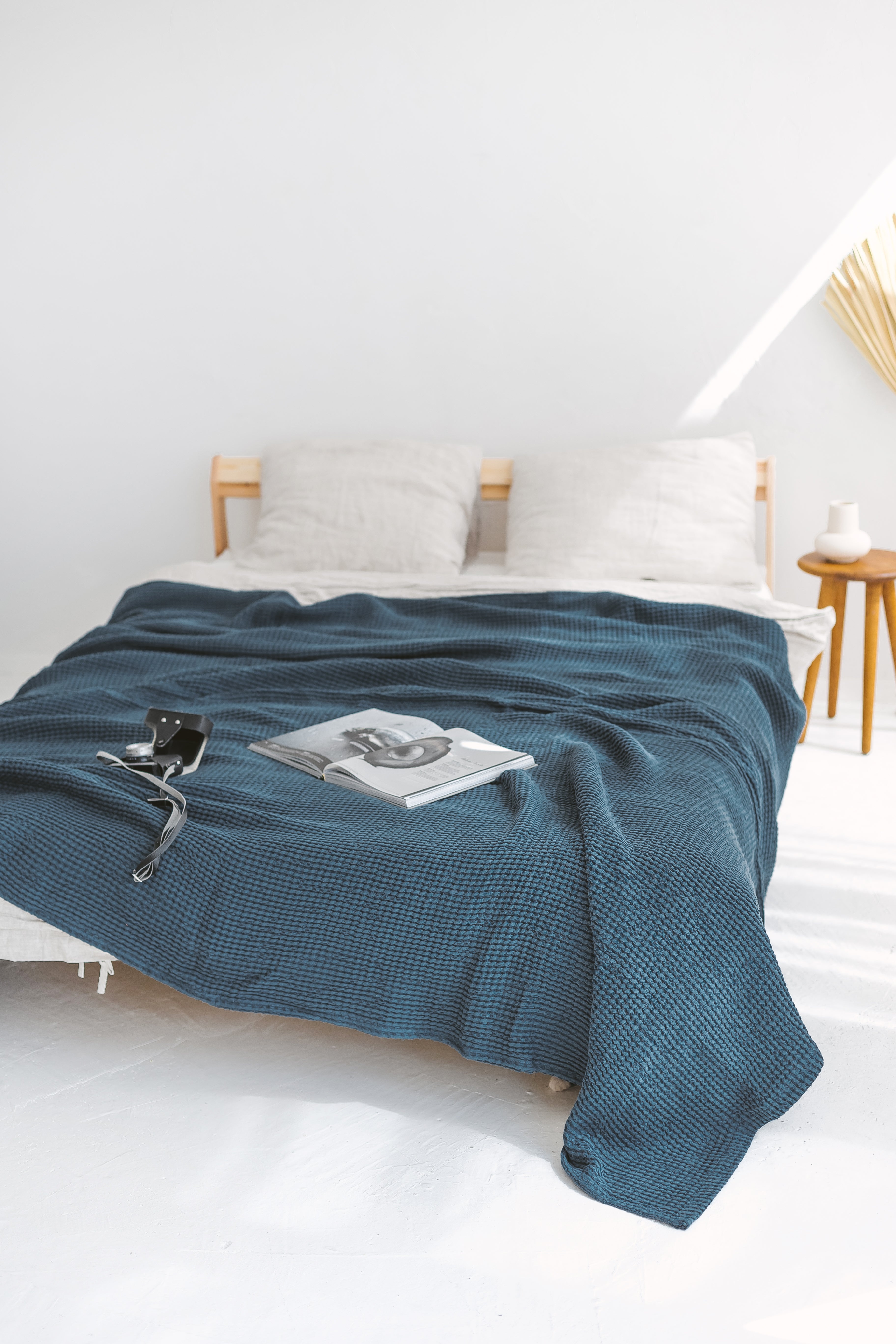 Dark Teal Waffle Linen Cotton Bedspread
