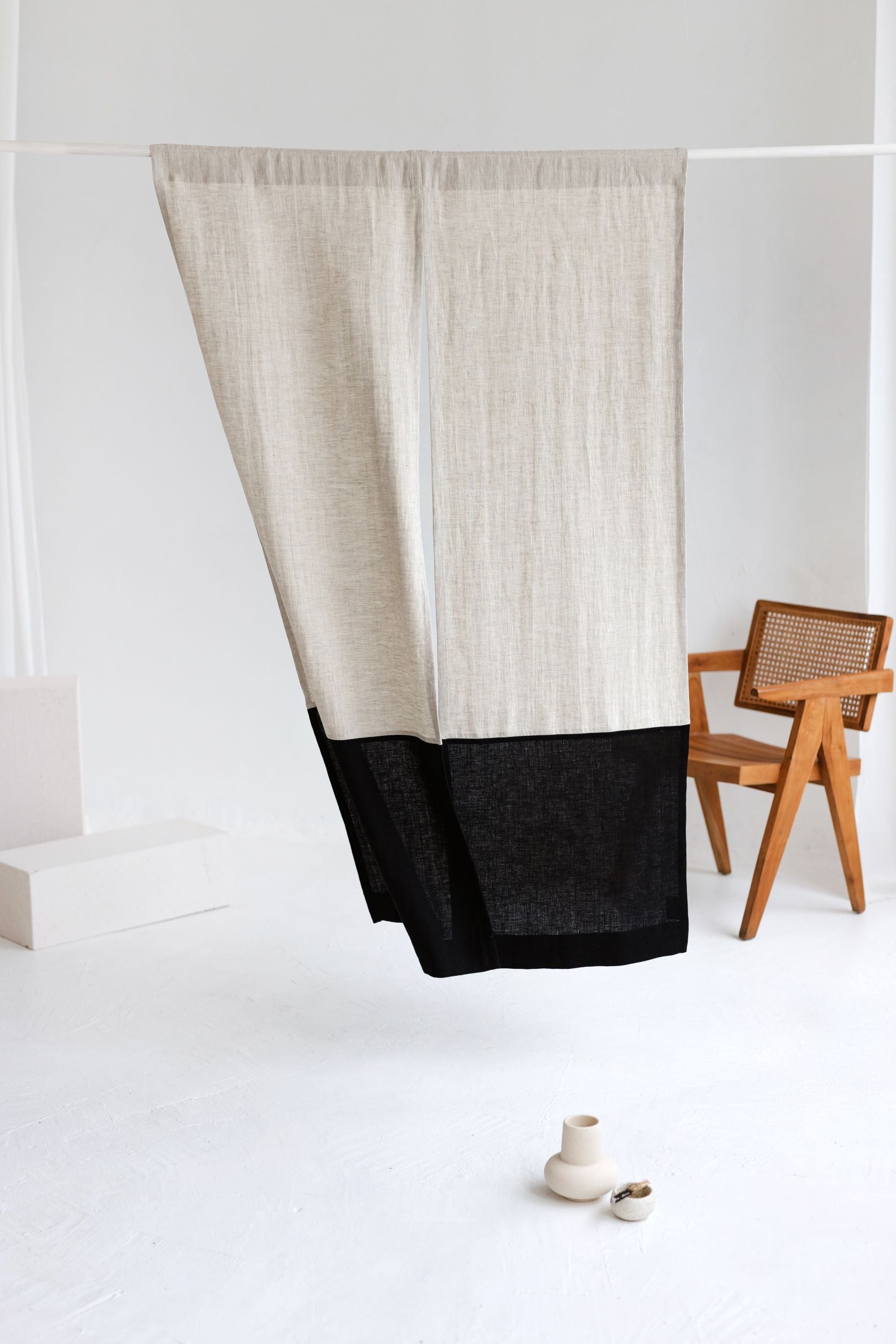 Color Block Natural Light Black Linen Japanese Noren Curtain