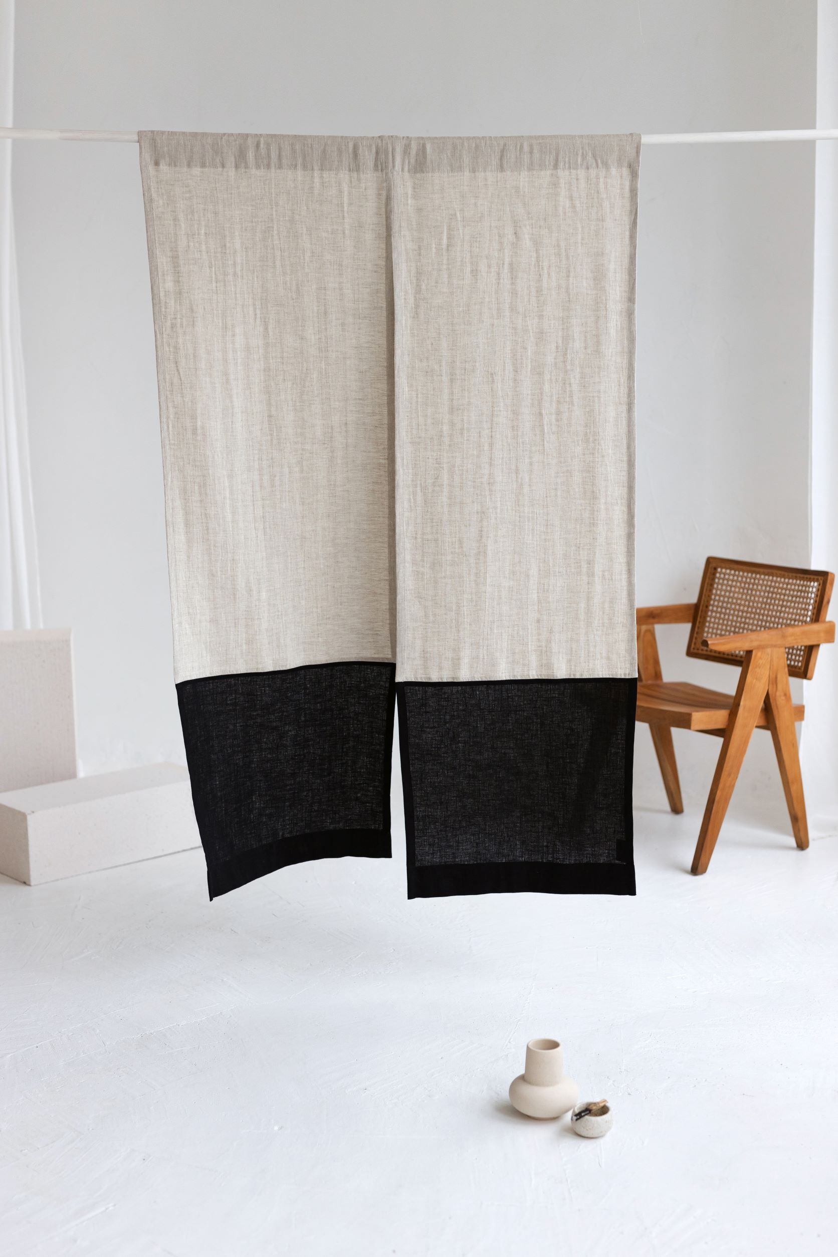 Color Block Natural Light Black Linen Japanese Noren Curtain