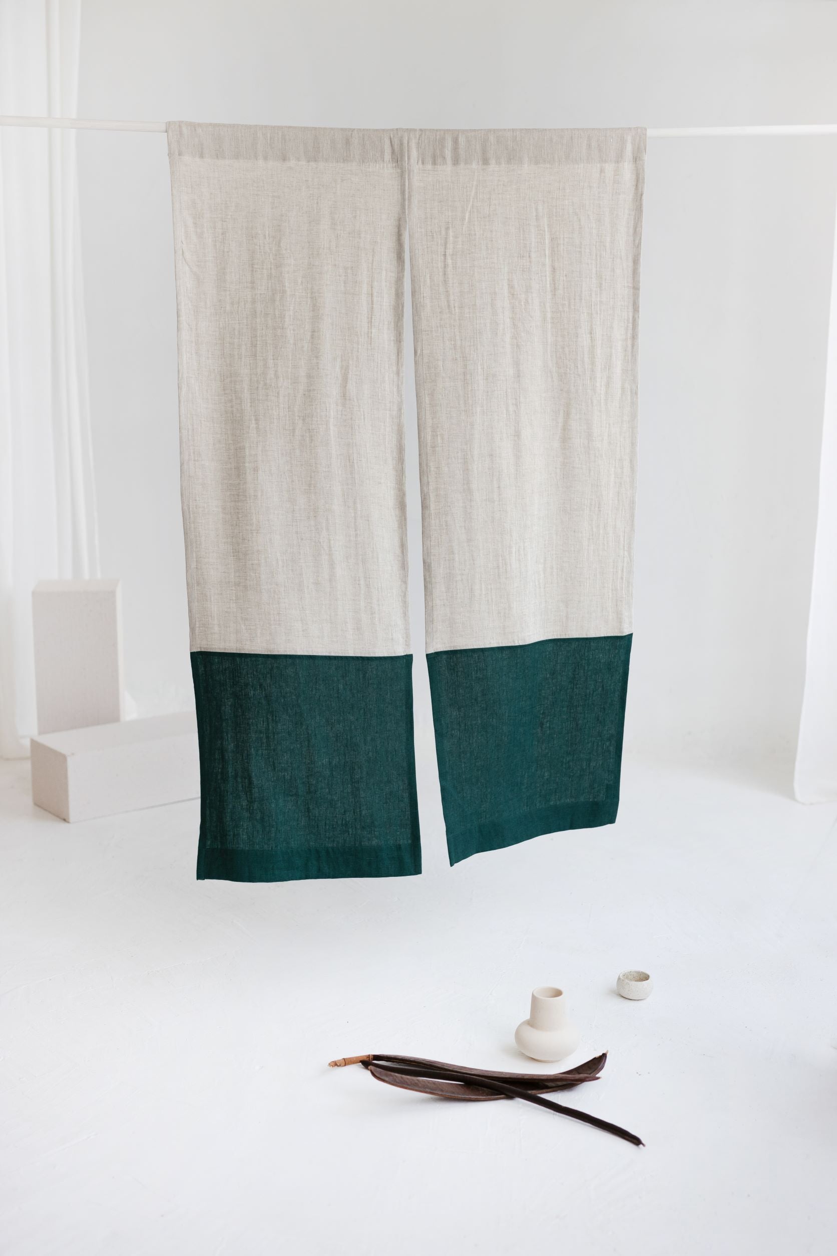 Color Block Natural Light Emerald Linen Japanese Noren Curtain