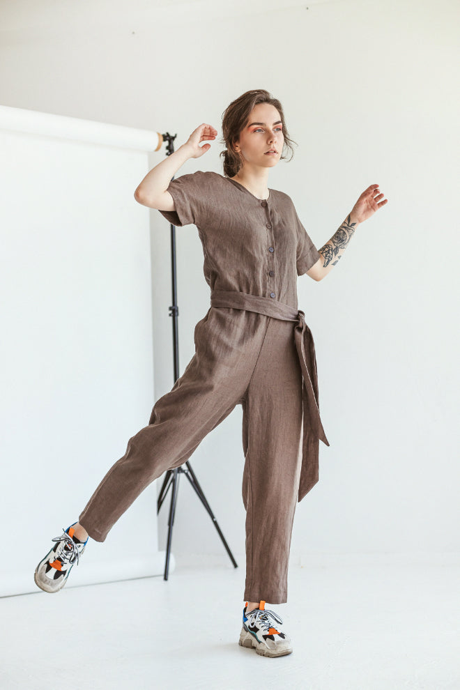 Walnut Brown Linen Jumpsuit