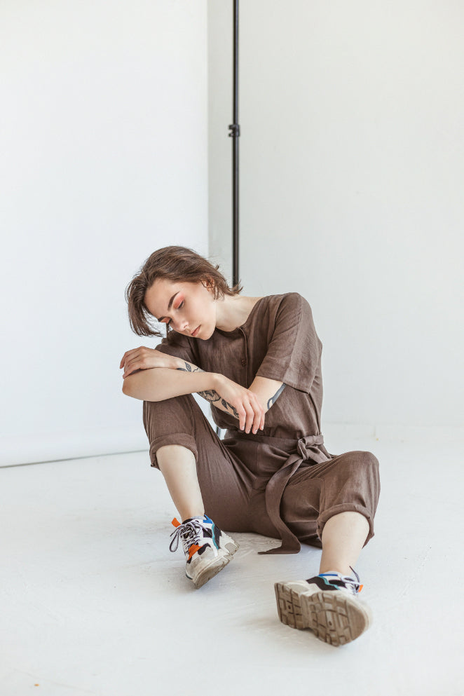 Walnut Brown Linen Jumpsuit